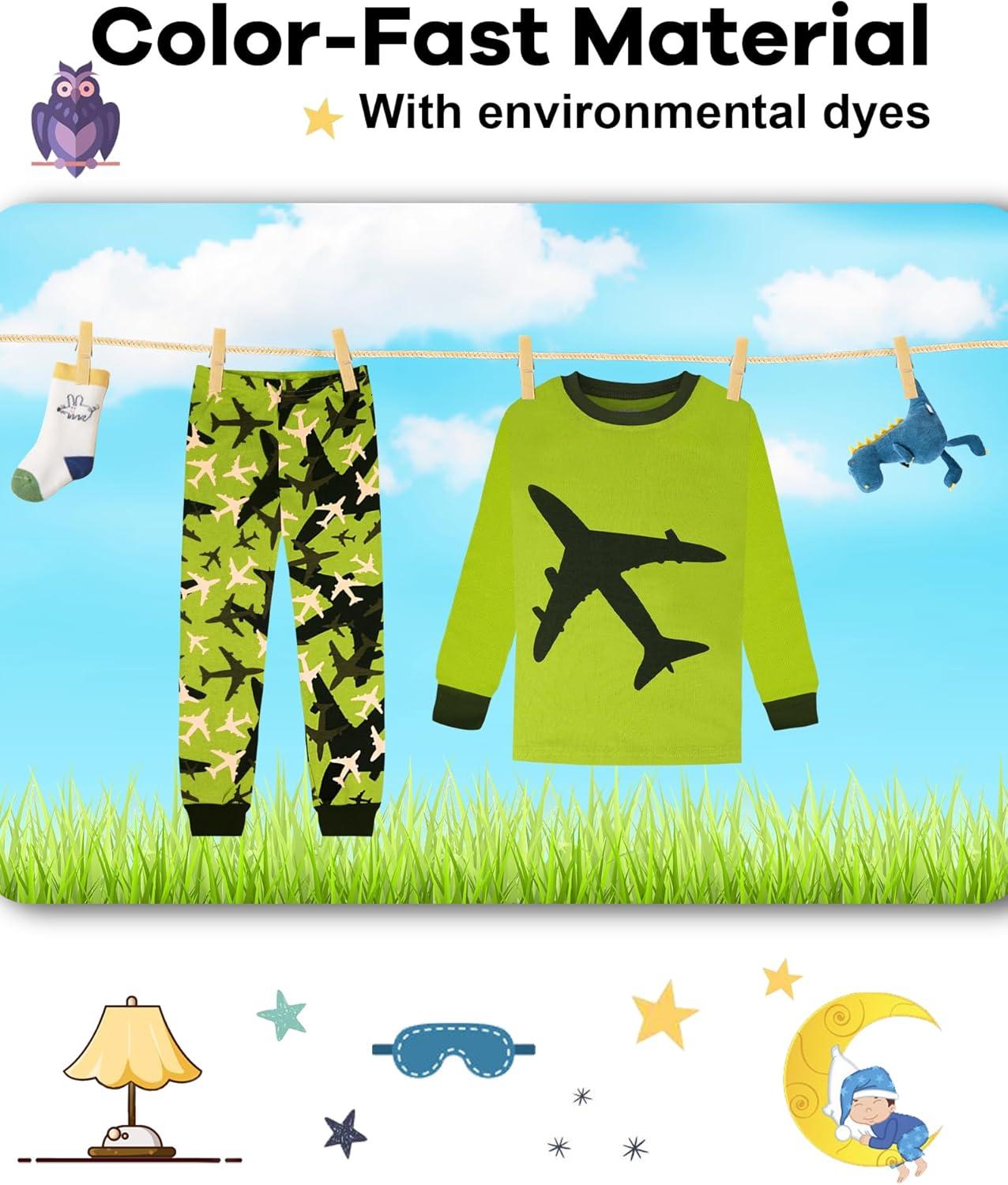 imageDAUGHTER QUEEN Boys 100 Cotton Long Sleeve Pajamas Size 18Months12Years4pcsgreenYellowairplaneHelicopterlba24