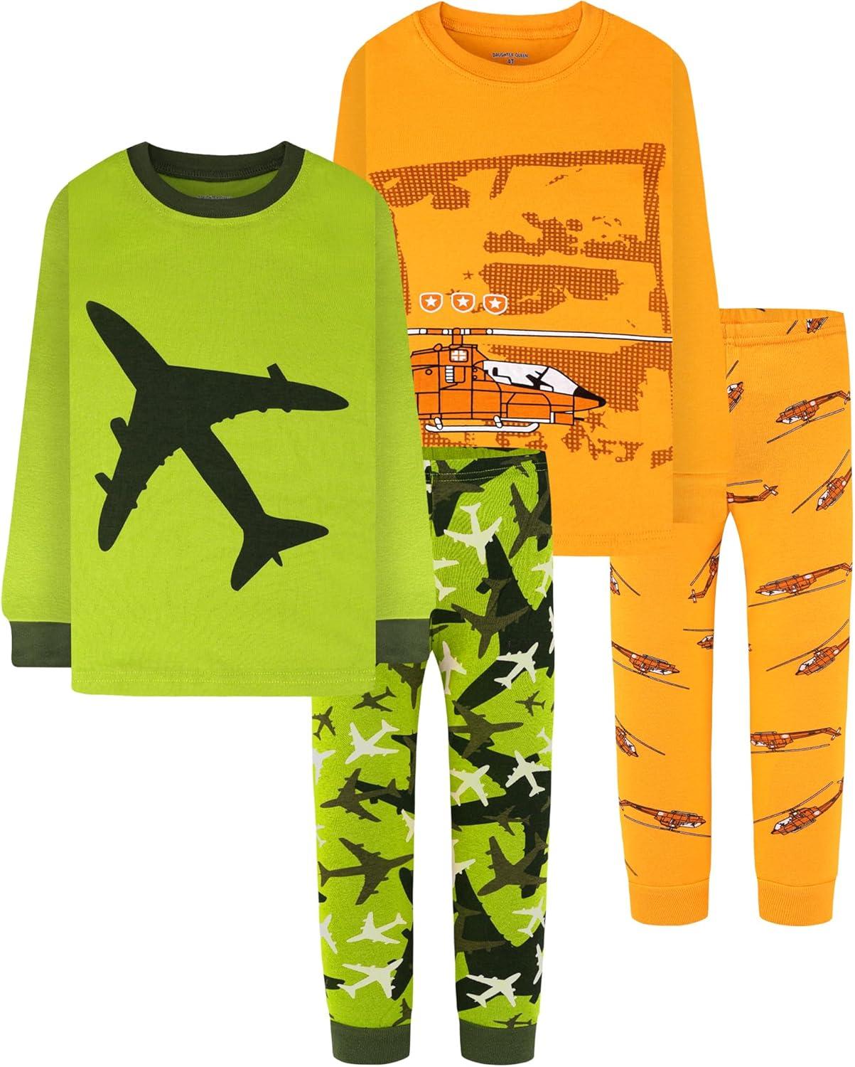 imageDAUGHTER QUEEN Boys 100 Cotton Long Sleeve Pajamas Size 18Months12Years4pcsgreenYellowairplaneHelicopterlba24