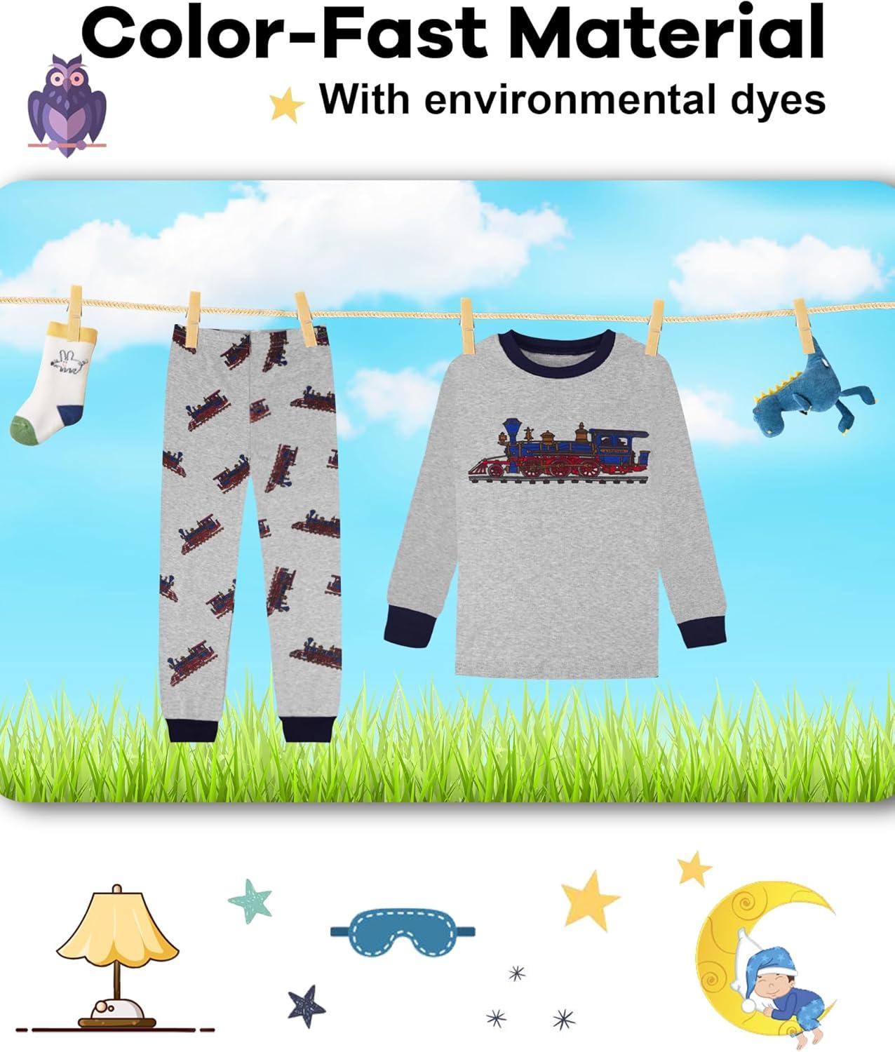 imageDAUGHTER QUEEN Boys 100 Cotton Long Sleeve Pajamas Size 18Months12Years4pcsgreyWhitetrainlba24