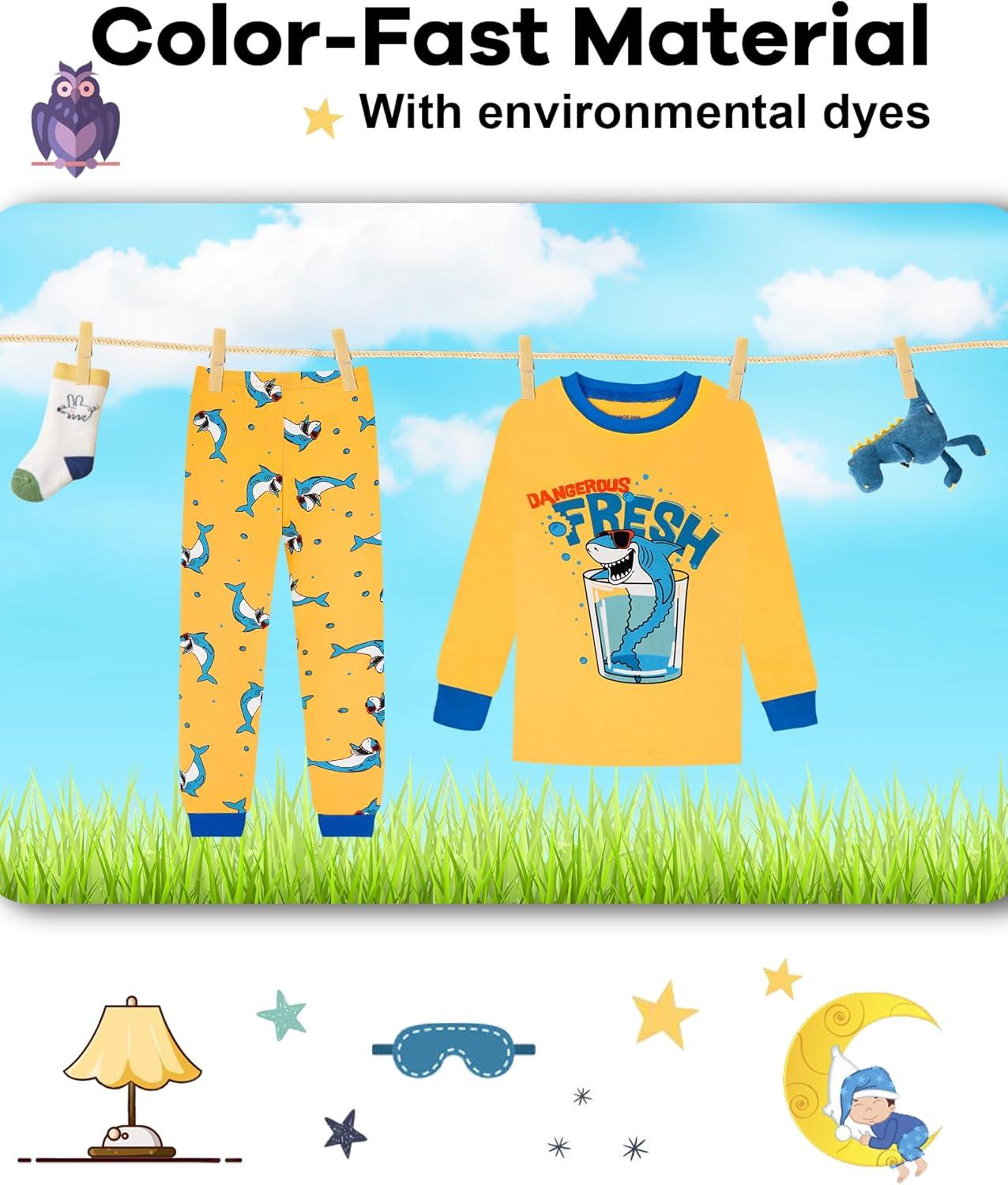 imageDAUGHTER QUEEN Boys 100 Cotton Long Sleeve Pajamas Size 18Months12Years4pcsyellowColorfulsharklba25