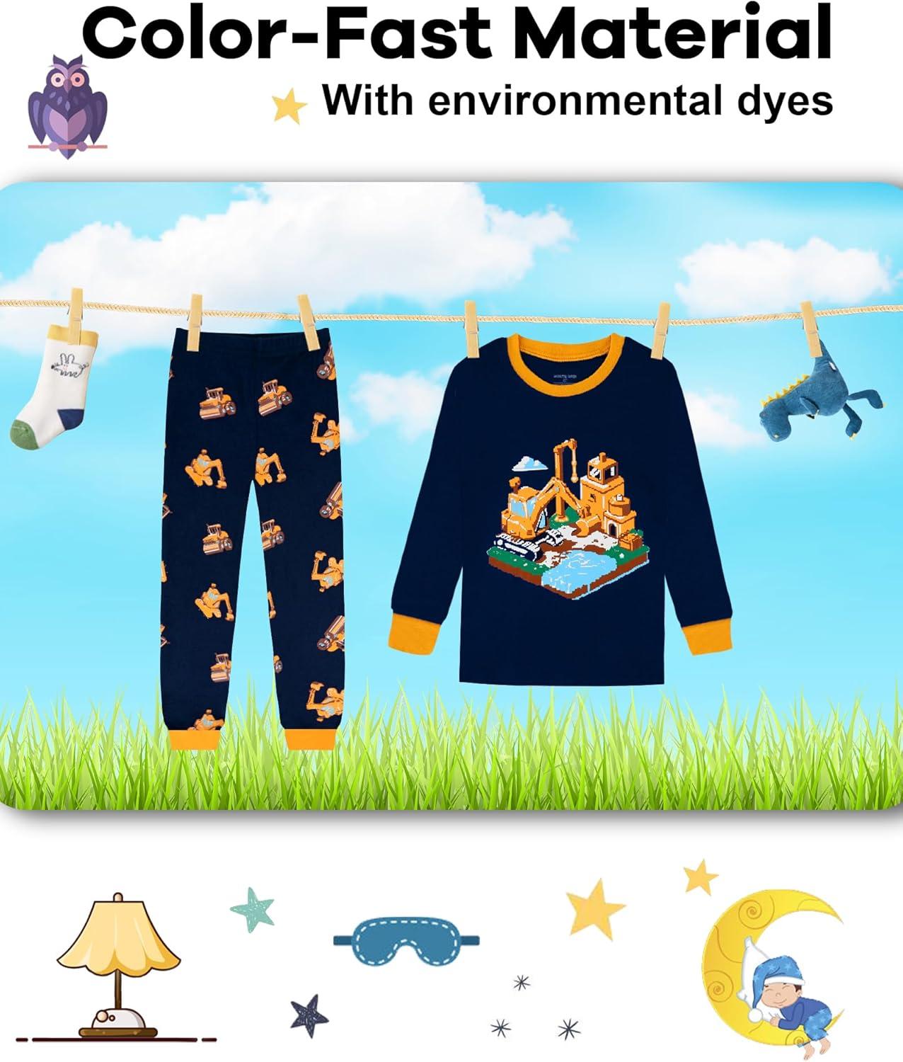 imageDAUGHTER QUEEN Boys Pajamas 4 Pieces Long Set 100 Cotton Sleepwear Size 18 Months12 Years4pcsnanyBrownconstructionlba25