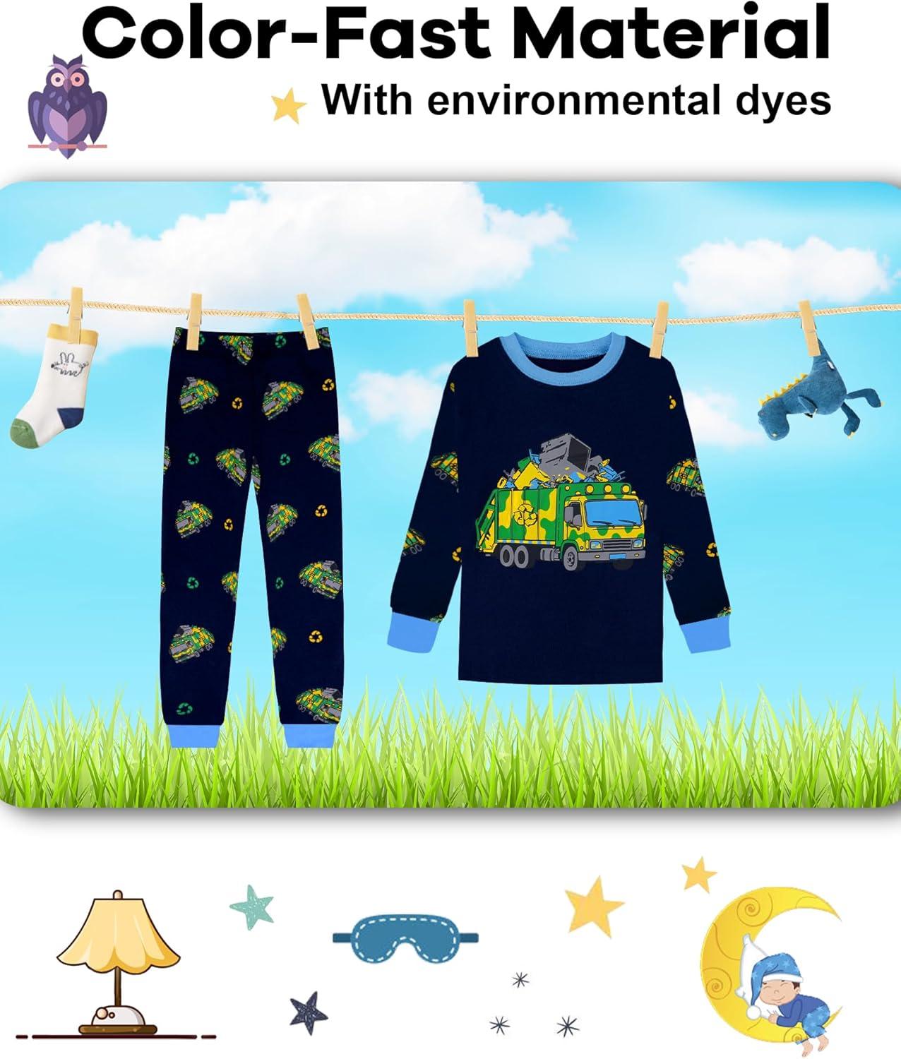 imageDAUGHTER QUEEN Boys Pajamas 4 Pieces Long Set 100 Cotton Sleepwear Size 18 Months12 Years4pcsnavyGreengarbage Trucklba25