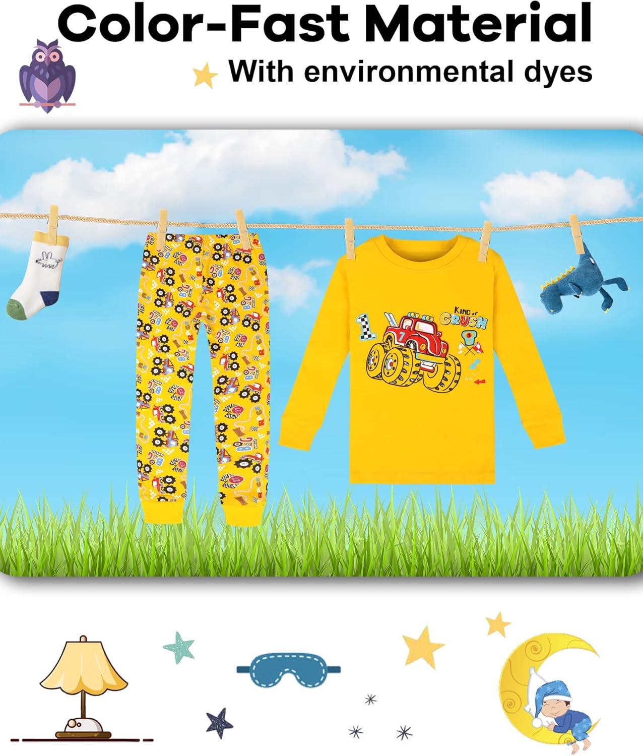 imageDAUGHTER QUEEN Boys Pajamas 4 Pieces Long Set 100 Cotton Sleepwear Size 18 Months12 Years4pcsyellowNavy Bluemonster Trucklba22