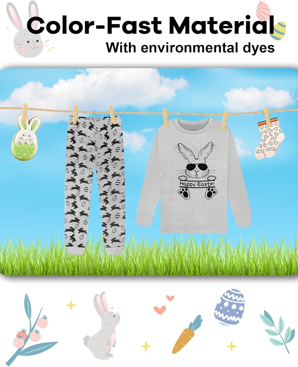 imageDAUGHTER QUEEN Boys Pajamas 4 Pieces Long Set 100 Cotton Sleepwear Size 18 Months12 YearsBunnyEaster EggsGreylba24