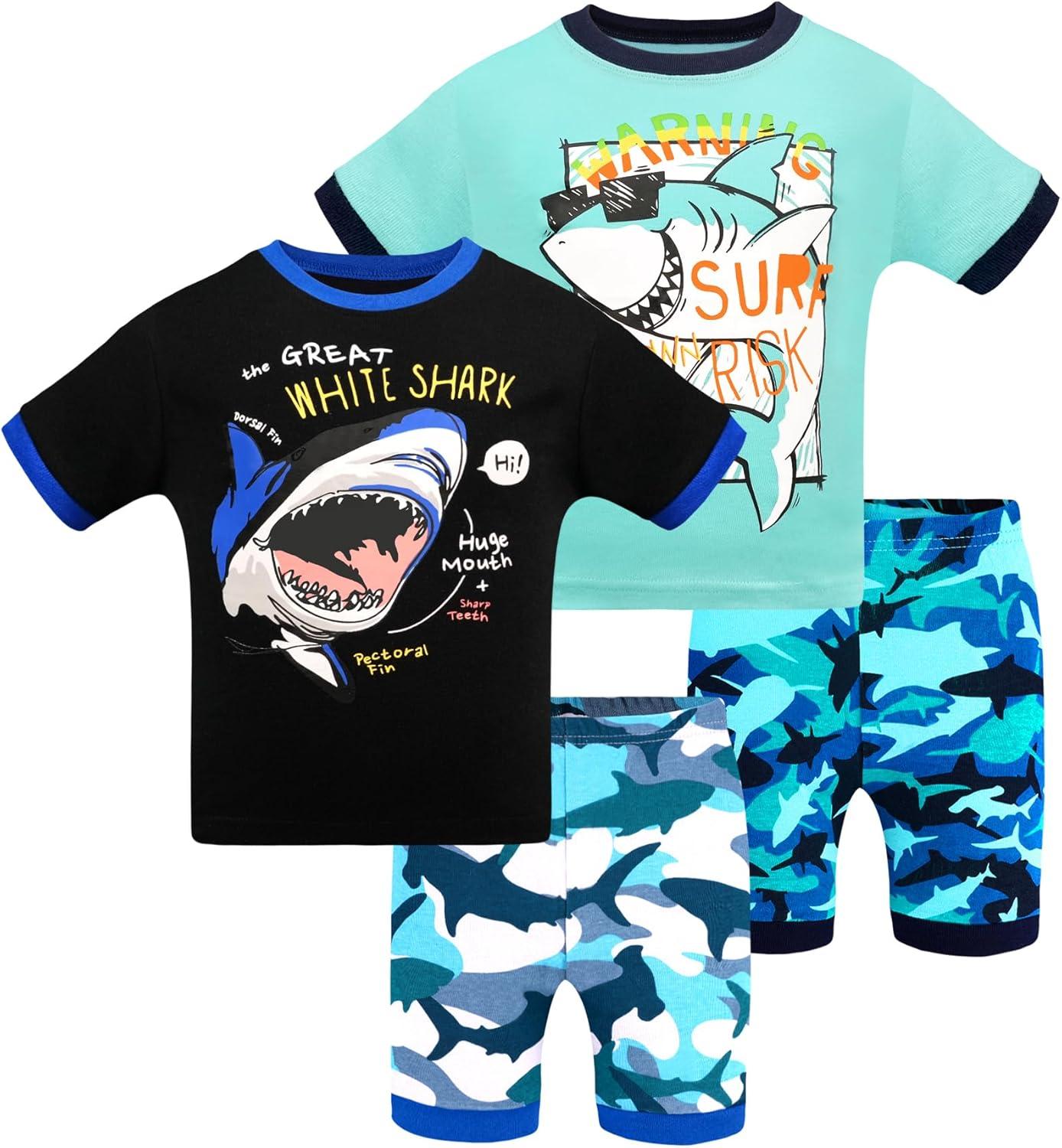 imageDAUGHTER QUEEN Boys Pajamas 4 Pieces Short Set 100 Cotton Sleepwear Size 18 Months12 Years4pcsblackBluesharksba24