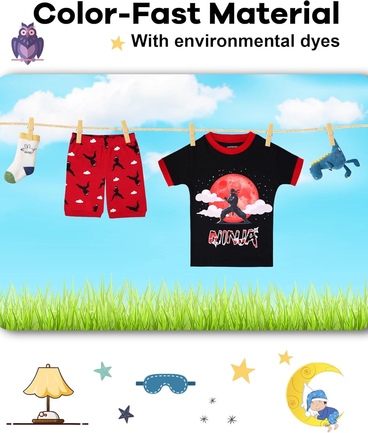 imageDAUGHTER QUEEN Boys Pajamas 4 Pieces Short Set 100 Cotton Sleepwear Size 18 Months12 Years4pcsblackDark Blueninjasba25