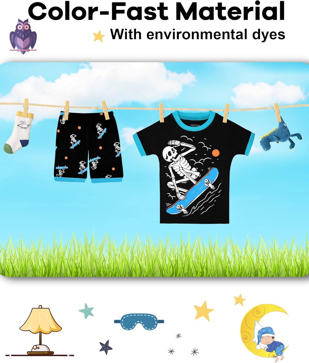 imageDAUGHTER QUEEN Boys Pajamas 4 Pieces Short Set 100 Cotton Sleepwear Size 18 Months12 Years4pcsblackGrayskeleton Glow in Darksba25
