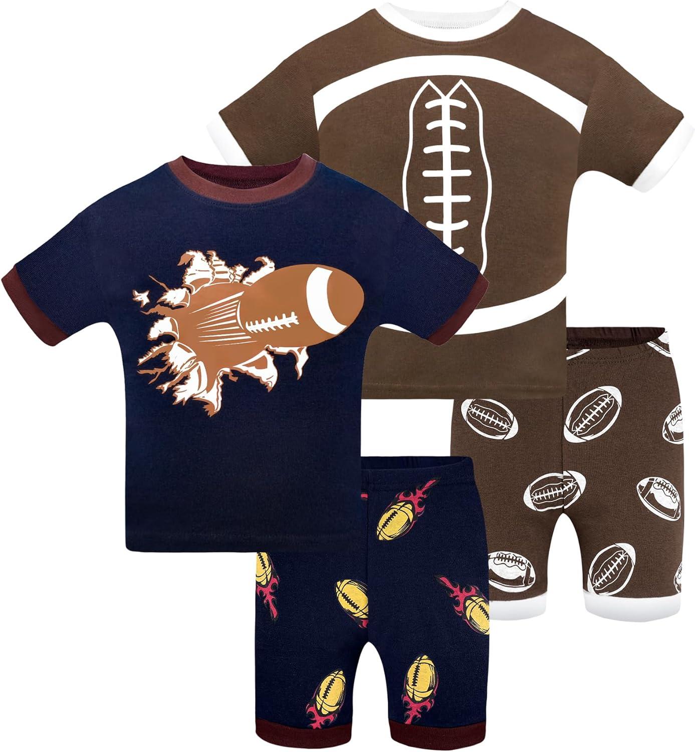imageDAUGHTER QUEEN Boys Pajamas 4 Pieces Short Set 100 Cotton Sleepwear Size 18 Months12 Years4pcsbrownBluefootballsba24