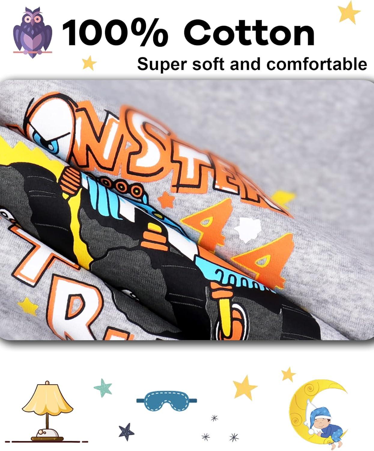 imageDAUGHTER QUEEN Boys Pajamas 4 Pieces Short Set 100 Cotton Sleepwear Size 18 Months12 Years4pcsgreyBluemoster Truck
