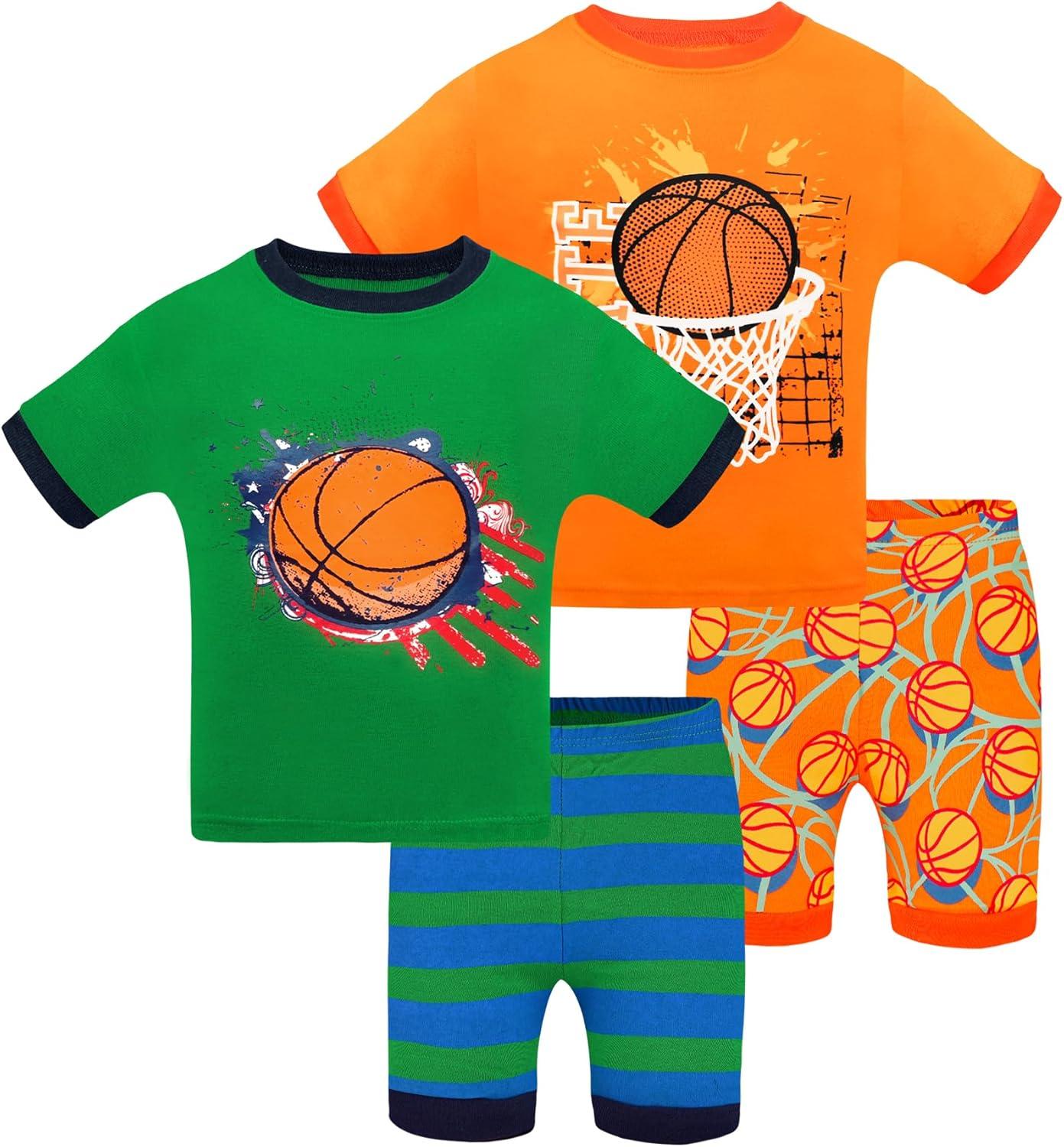 imageDAUGHTER QUEEN Boys Pajamas 4 Pieces Short Set 100 Cotton Sleepwear Size 18 Months12 Years4pcsorangeGreenbasketballsba24