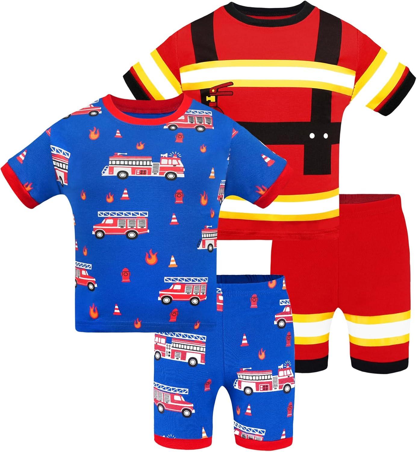 imageDAUGHTER QUEEN Boys Pajamas 4 Pieces Short Set 100 Cotton Sleepwear Size 18 Months12 Years4pcsredBluefire Trucksba24
