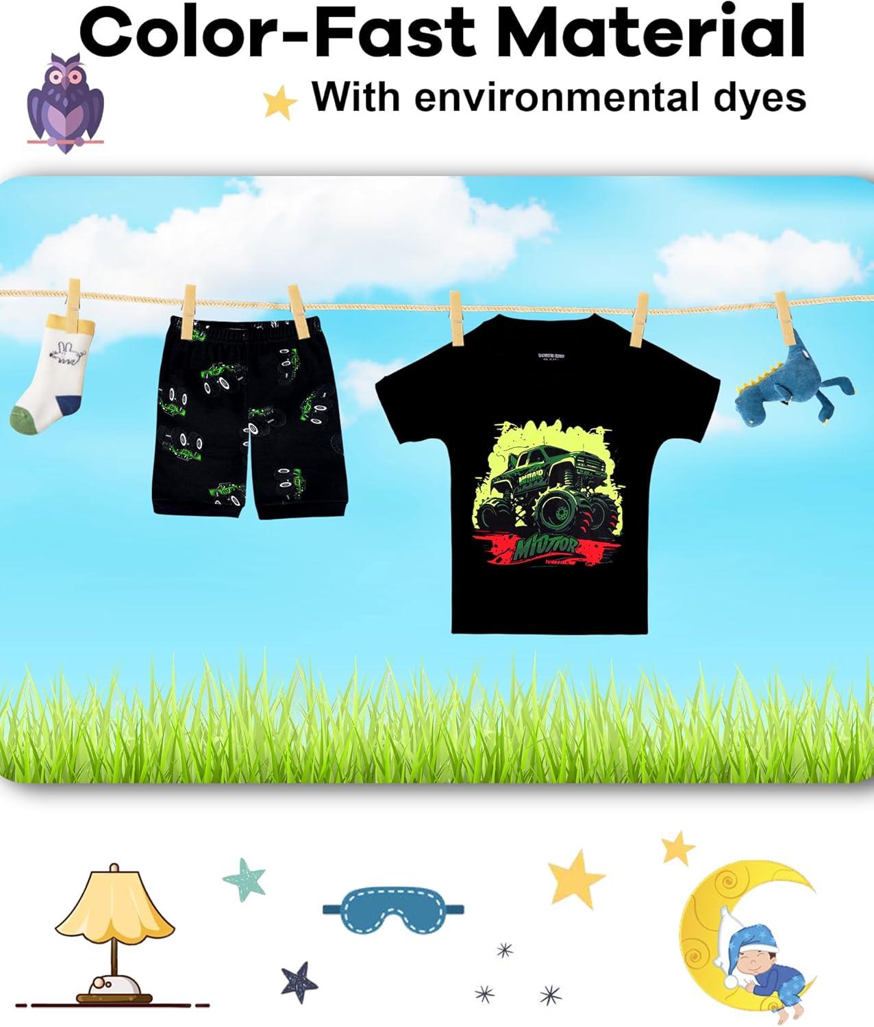 imageDAUGHTER QUEEN Boys Summer Pajamas Set 4 Pieces 100 Cotton Sleepwear Size 18 Months12 Years4pcsblackWhitemonster Trucksba24