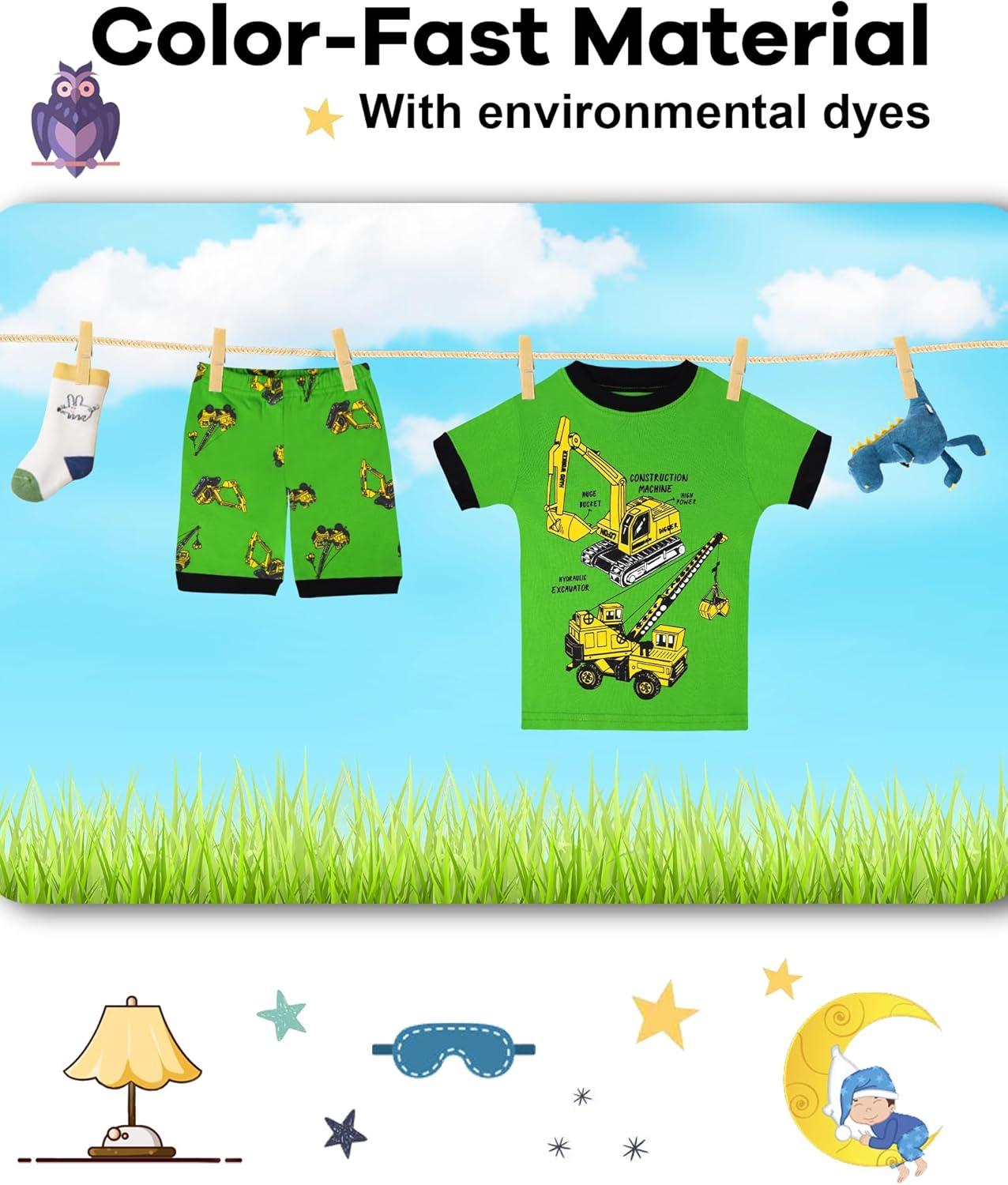 imageDAUGHTER QUEEN Boys Summer Pajamas Set 4 Pieces 100 Cotton Sleepwear Size 18 Months12 Years4pcsgreenWhiteexcavatorsba25