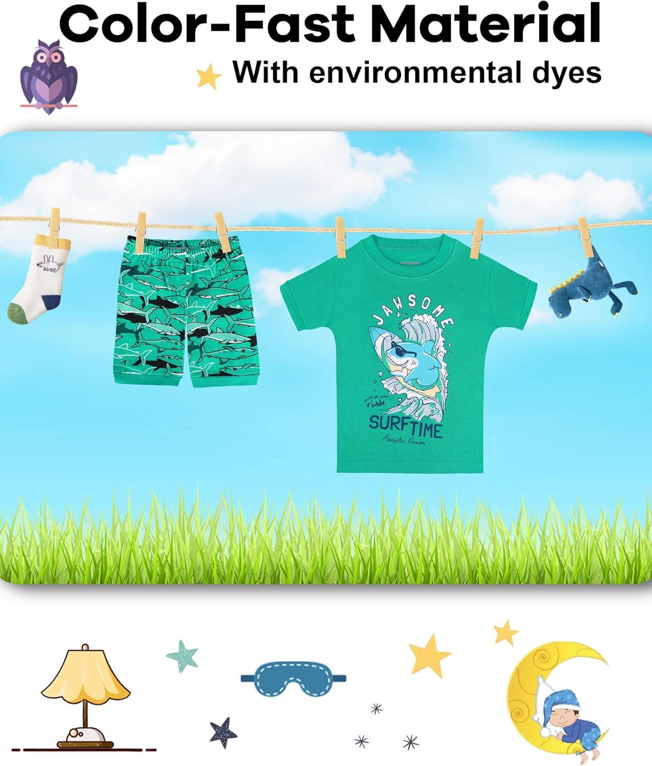 imageDAUGHTER QUEEN Boys Summer Pajamas Set 4 Pieces 100 Cotton Sleepwear Size 18 Months12 Years4pcsgreenWhitesharksba24