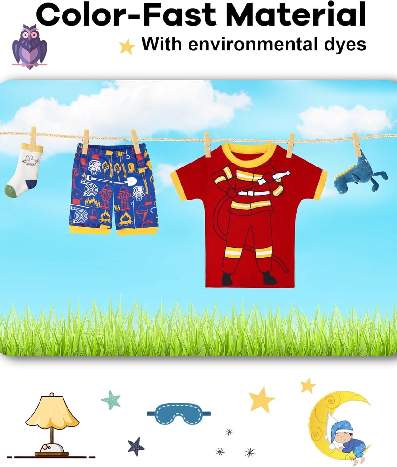 imageDAUGHTER QUEEN Boys Summer Pajamas Set 4 Pieces 100 Cotton Sleepwear Size 18 Months12 Years4pcsredYellowfiremanFire Trucksba25