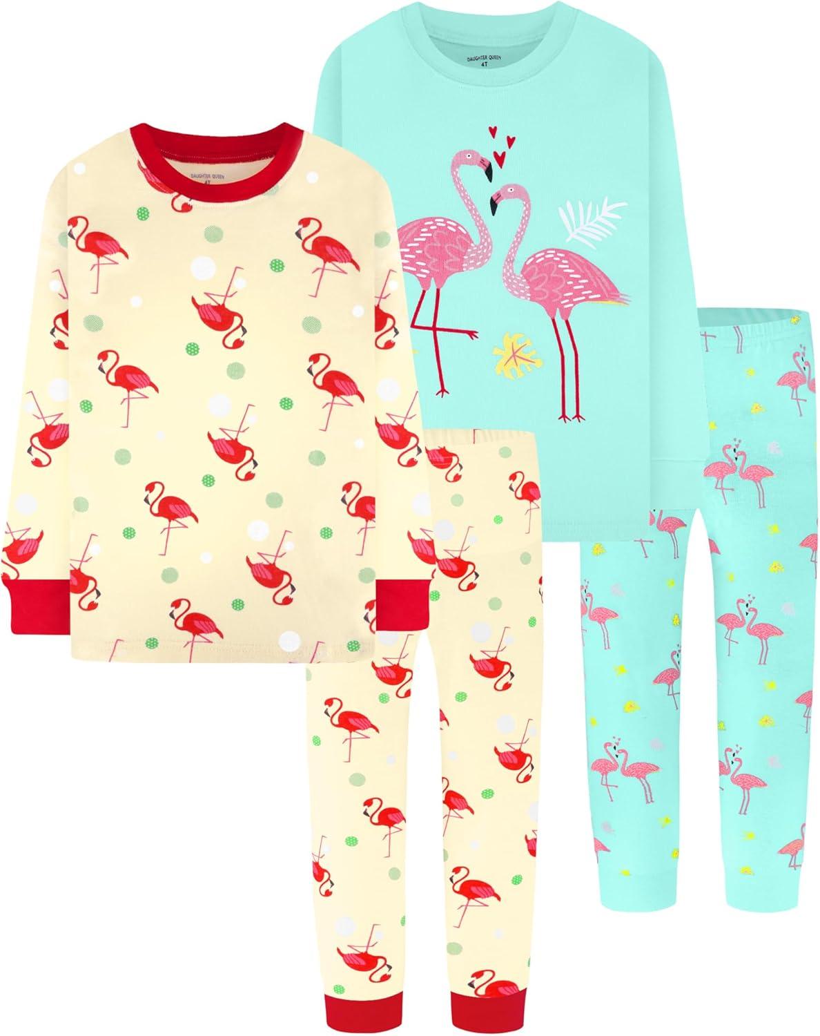 imageDAUGHTER QUEEN Girls 4 Pieces Cotton Pajamas Size 18 Months12 Years4pcsmintgreenYellowflamingolga25