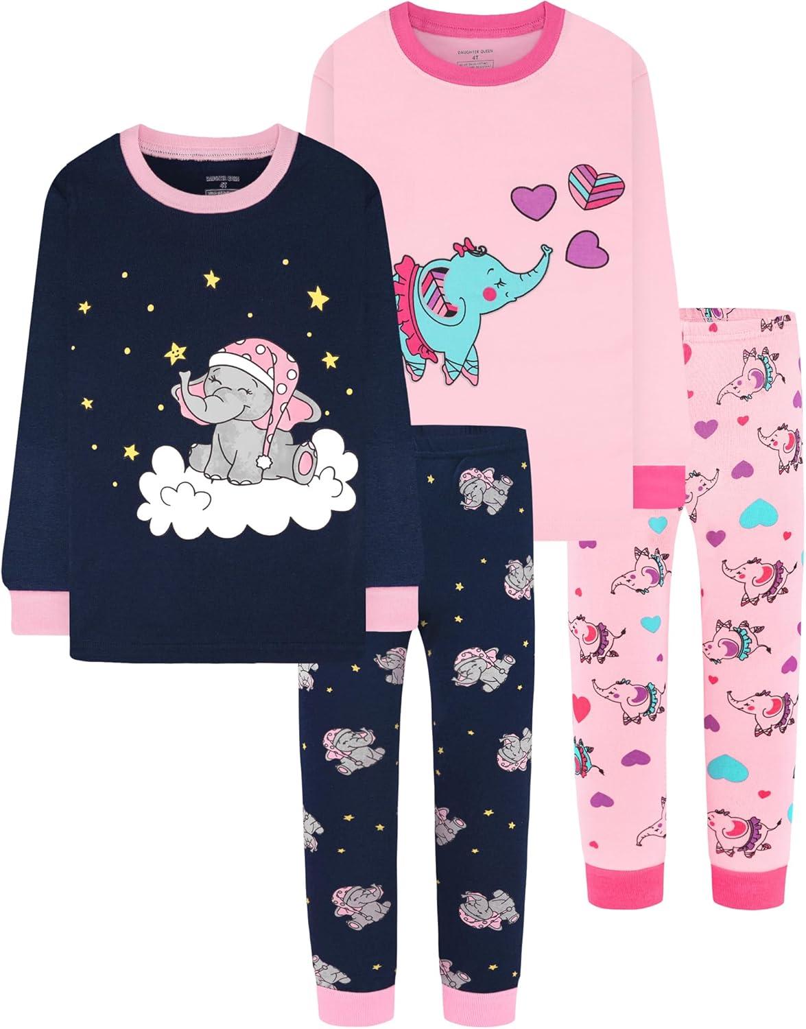 imageDAUGHTER QUEEN Girls 4 Pieces Cotton Pajamas Size 18 Months12 Years4pcsnavyPinkelephantlga24
