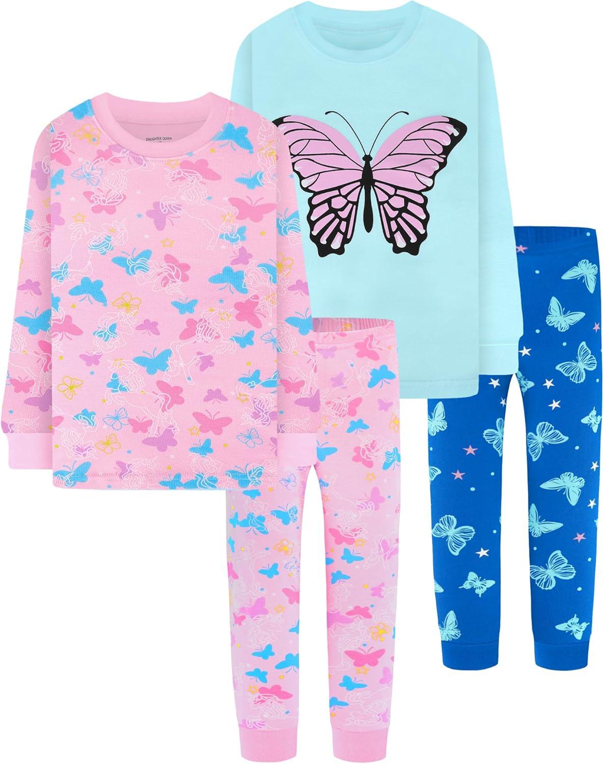 imageDAUGHTER QUEEN Girls 4 Pieces Cotton Pajamas Size 18 Months12 Years4pcspinkBluebutterflylga25