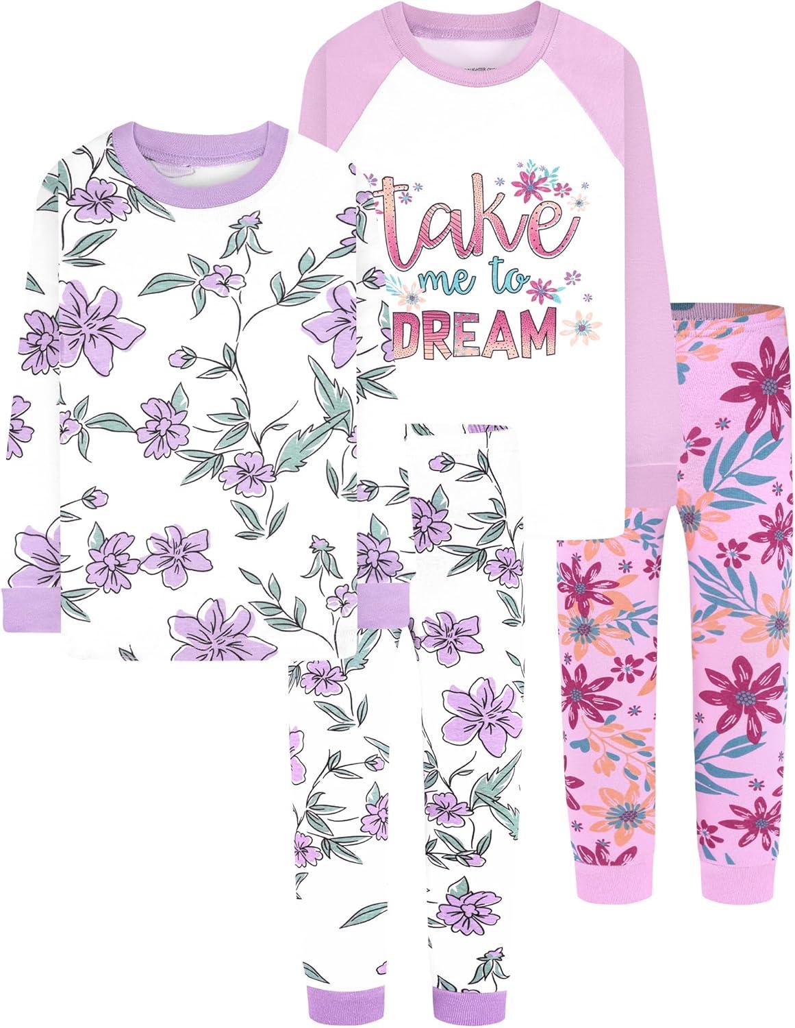 imageDAUGHTER QUEEN Girls 4 Pieces Cotton Pajamas Size 18 Months12 Years4pcspurpleflowerlga24
