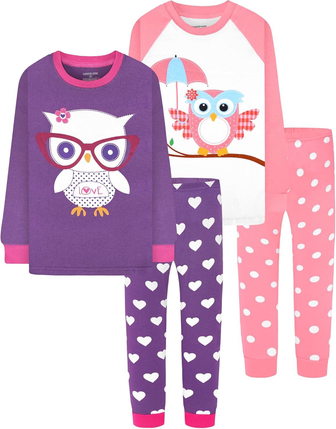imageDAUGHTER QUEEN Girls 4 Pieces Cotton Pajamas Size 18 Months12 Years4pcstangerinePurpleowllga24