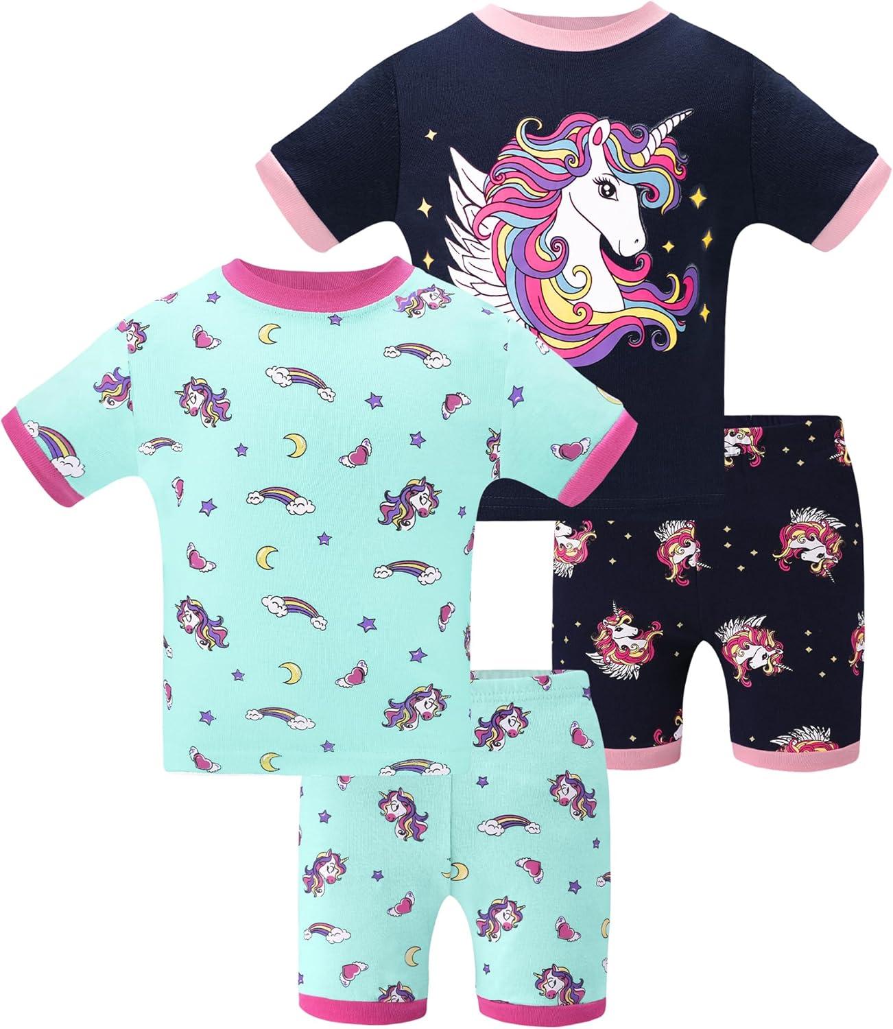 imageDAUGHTER QUEEN Girls Summer Pajamas Set 4 Pieces 100 Cotton Sleepwear Size 18 Months12 Years4pcsblueNavyunicornsga25