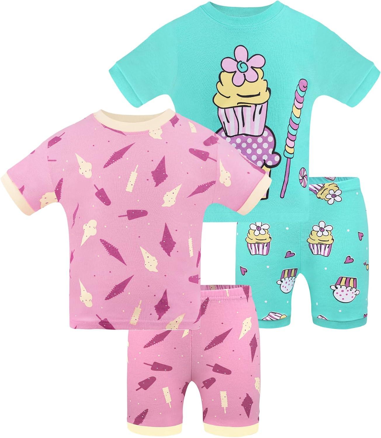 imageDAUGHTER QUEEN Girls Summer Pajamas Set 4 Pieces 100 Cotton Sleepwear Size 18 Months12 Years4pcsmint GreenPinkcupcakesga25
