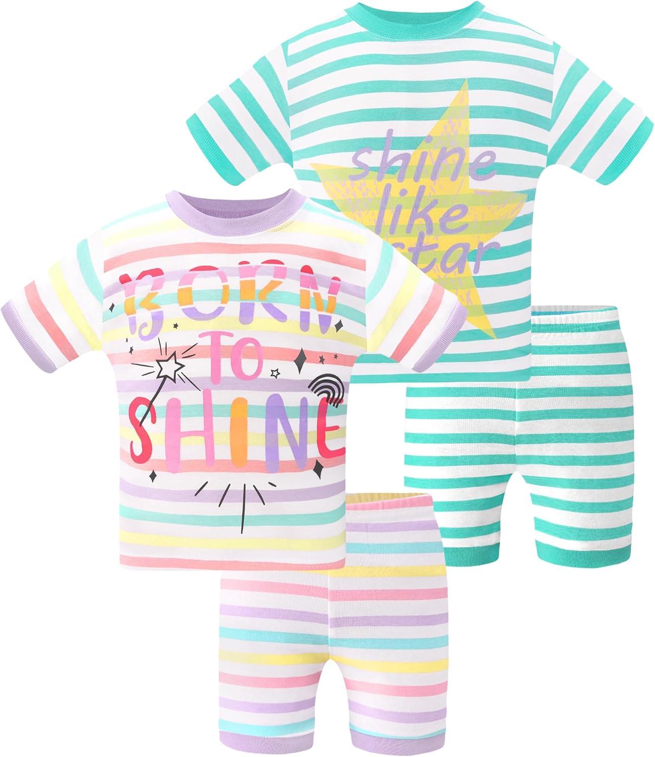 imageDAUGHTER QUEEN Girls Summer Pajamas Set 4 Pieces 100 Cotton Sleepwear Size 18 Months12 Years4pcsmulticolorstripedsga25