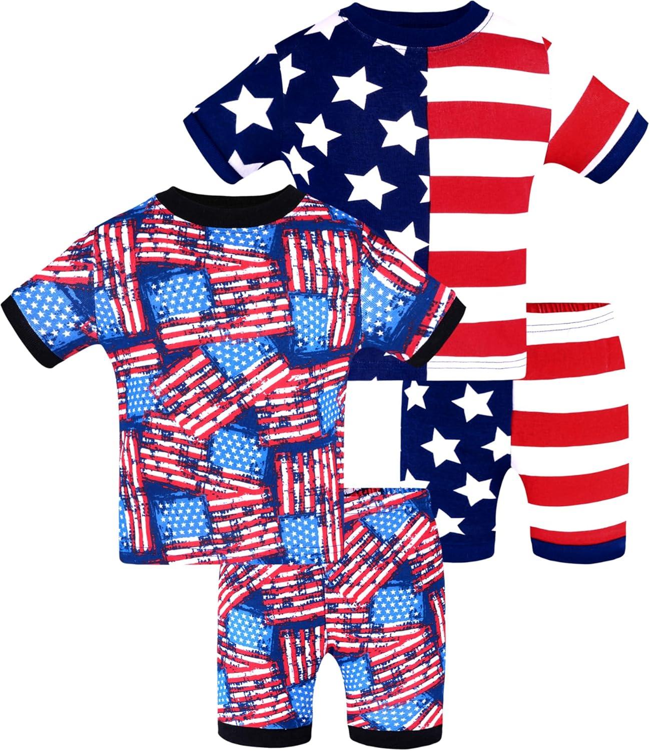 imageDAUGHTER QUEEN Girls Summer Pajamas Set 4 Pieces 100 Cotton Sleepwear Size 18 Months12 Years4pcsnavyamerican Flagsga24