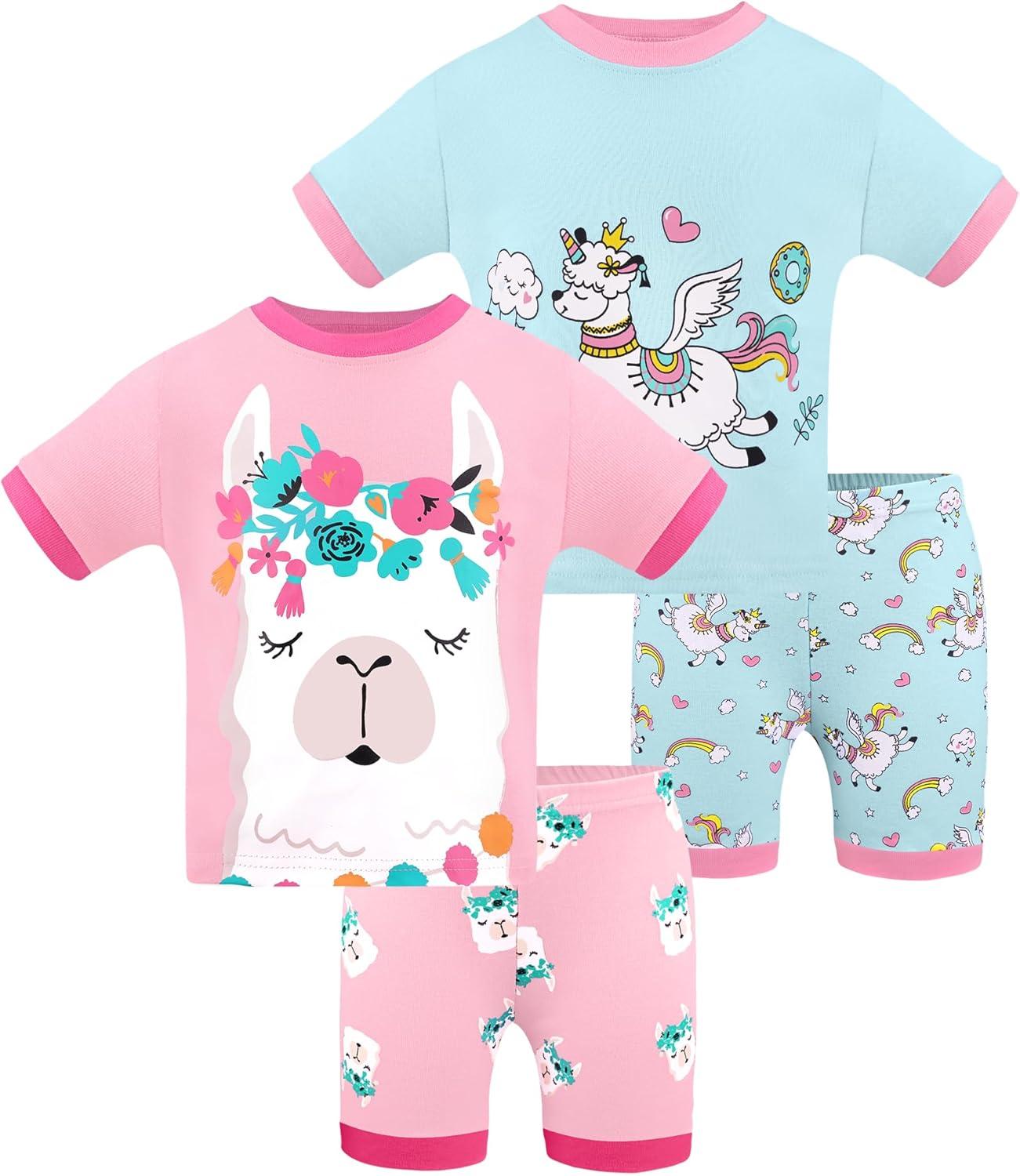 imageDAUGHTER QUEEN Girls Summer Pajamas Set 4 Pieces 100 Cotton Sleepwear Size 18 Months12 Years4pcspinkBluellamasga25