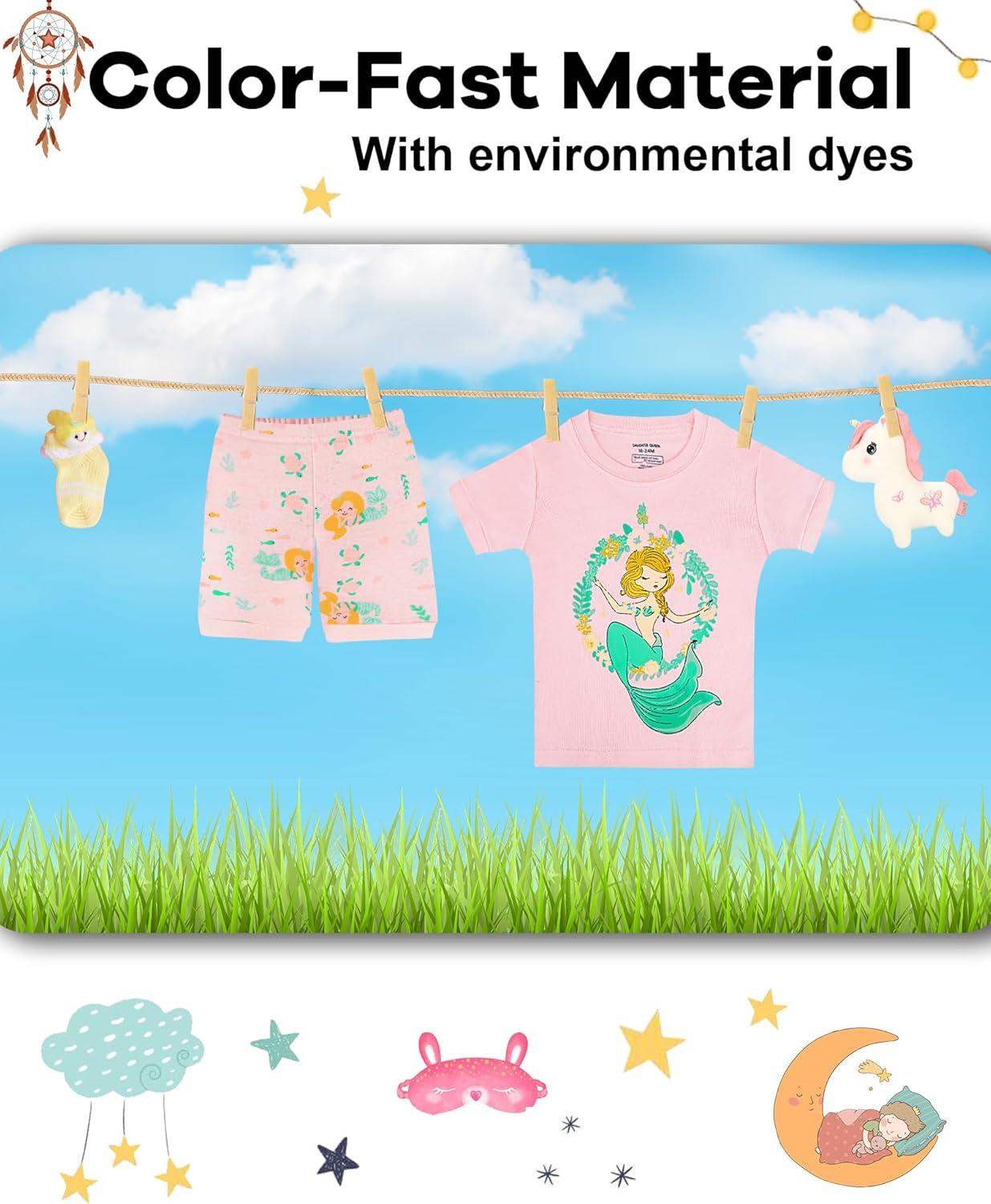 imageDAUGHTER QUEEN Girls Summer Pajamas Set 4 Pieces 100 Cotton Sleepwear Size 18 Months12 Years4pcspinkNavymermaidsga24