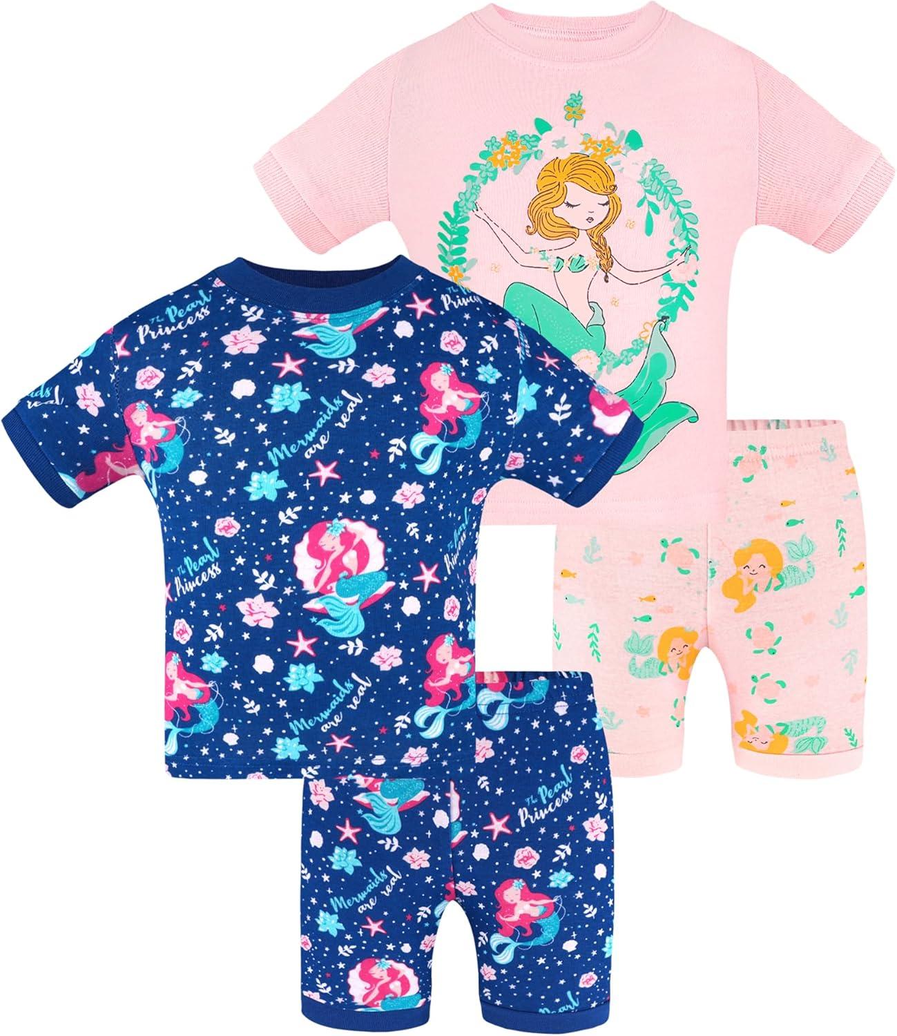 imageDAUGHTER QUEEN Girls Summer Pajamas Set 4 Pieces 100 Cotton Sleepwear Size 18 Months12 Years4pcspinkNavymermaidsga24