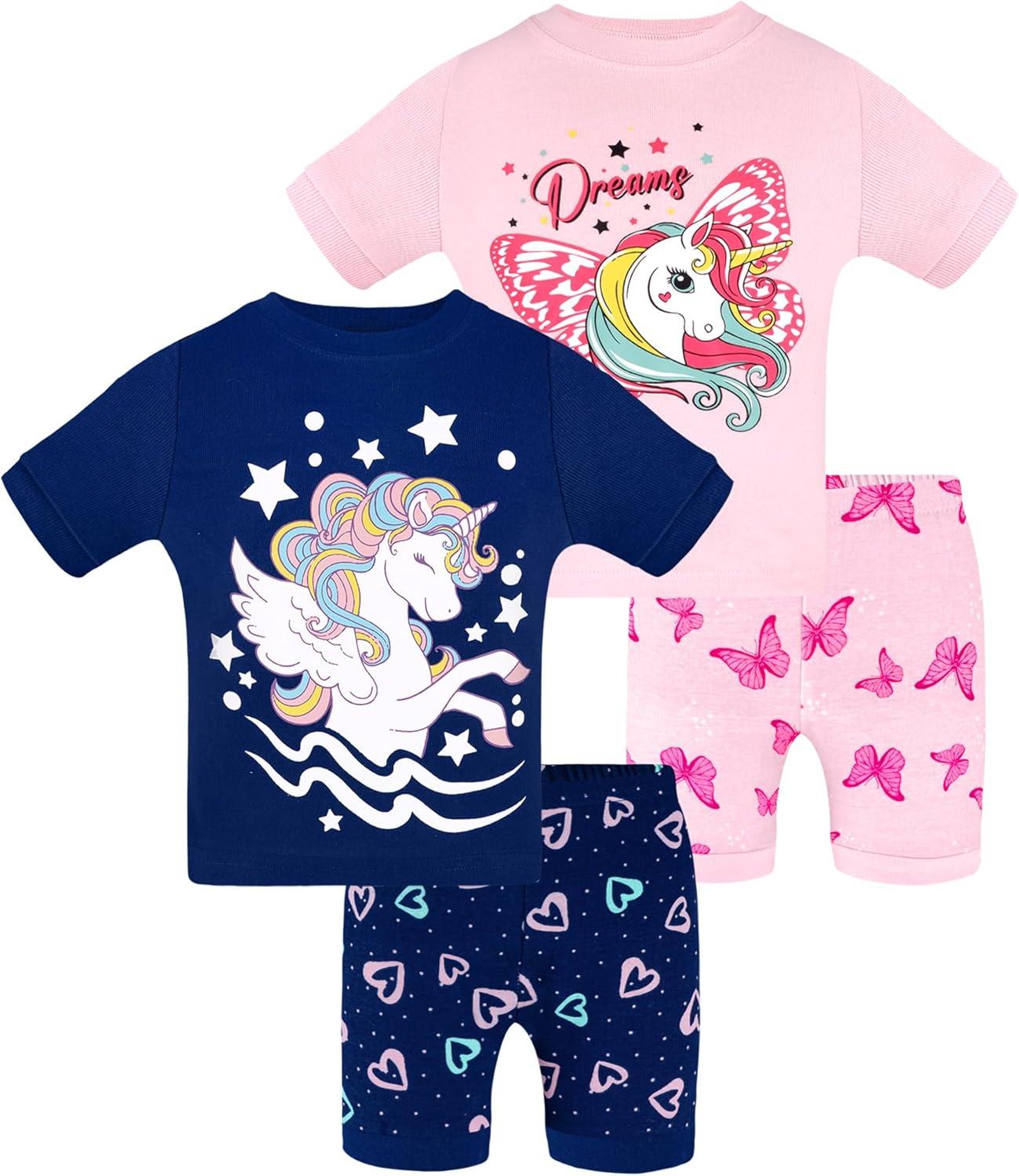 imageDAUGHTER QUEEN Girls Summer Pajamas Set 4 Pieces 100 Cotton Sleepwear Size 18 Months12 Years4pcspinkNavyunicornsga24