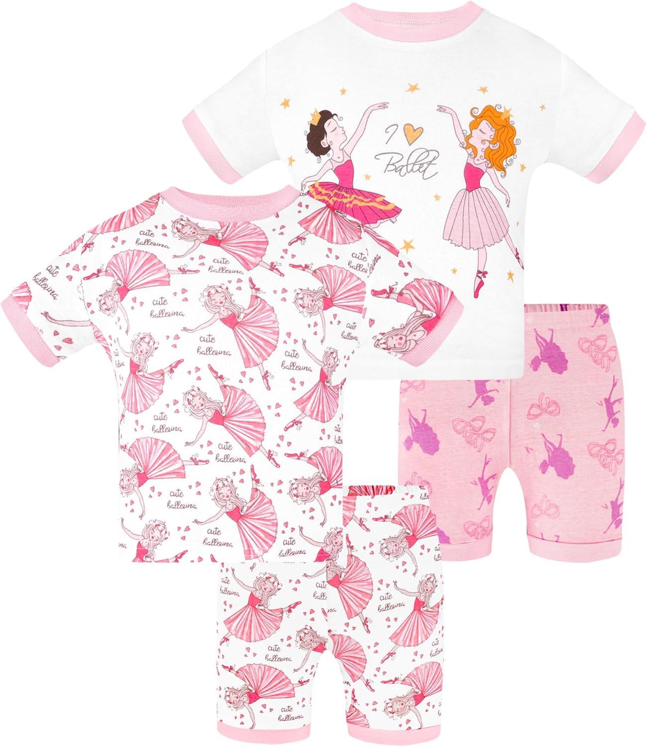imageDAUGHTER QUEEN Girls Summer Pajamas Set 4 Pieces 100 Cotton Sleepwear Size 18 Months12 Years4pcspinkWhiteballerinasga24