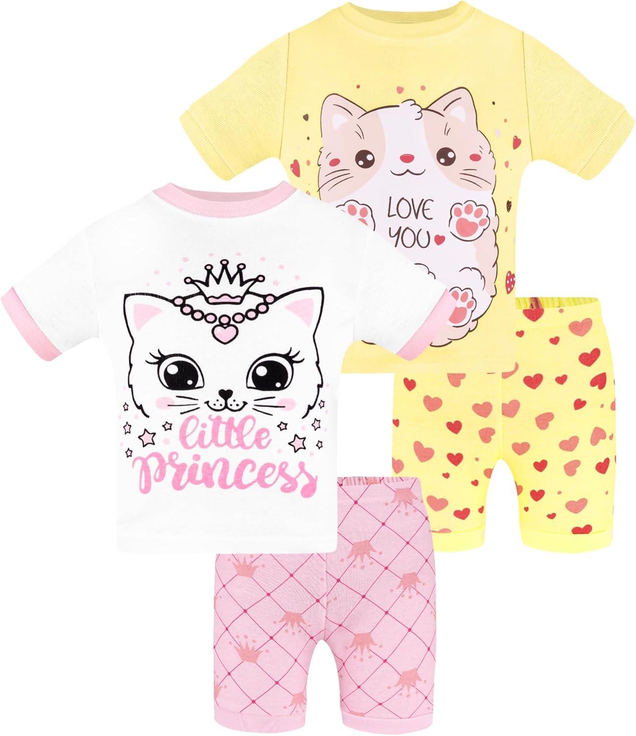imageDAUGHTER QUEEN Girls Summer Pajamas Set 4 Pieces 100 Cotton Sleepwear Size 18 Months12 Years4pcspinkYellowcatsga24