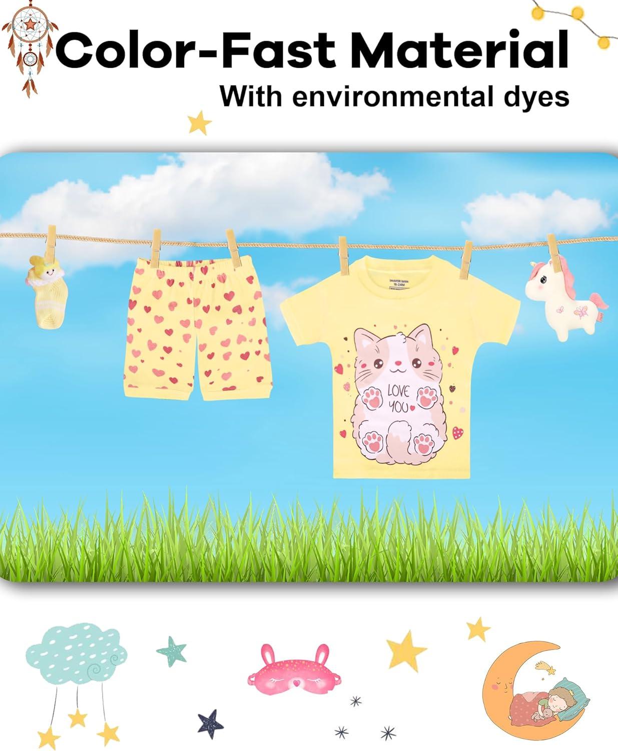 imageDAUGHTER QUEEN Girls Summer Pajamas Set 4 Pieces 100 Cotton Sleepwear Size 18 Months12 Years4pcspinkYellowcatsga24