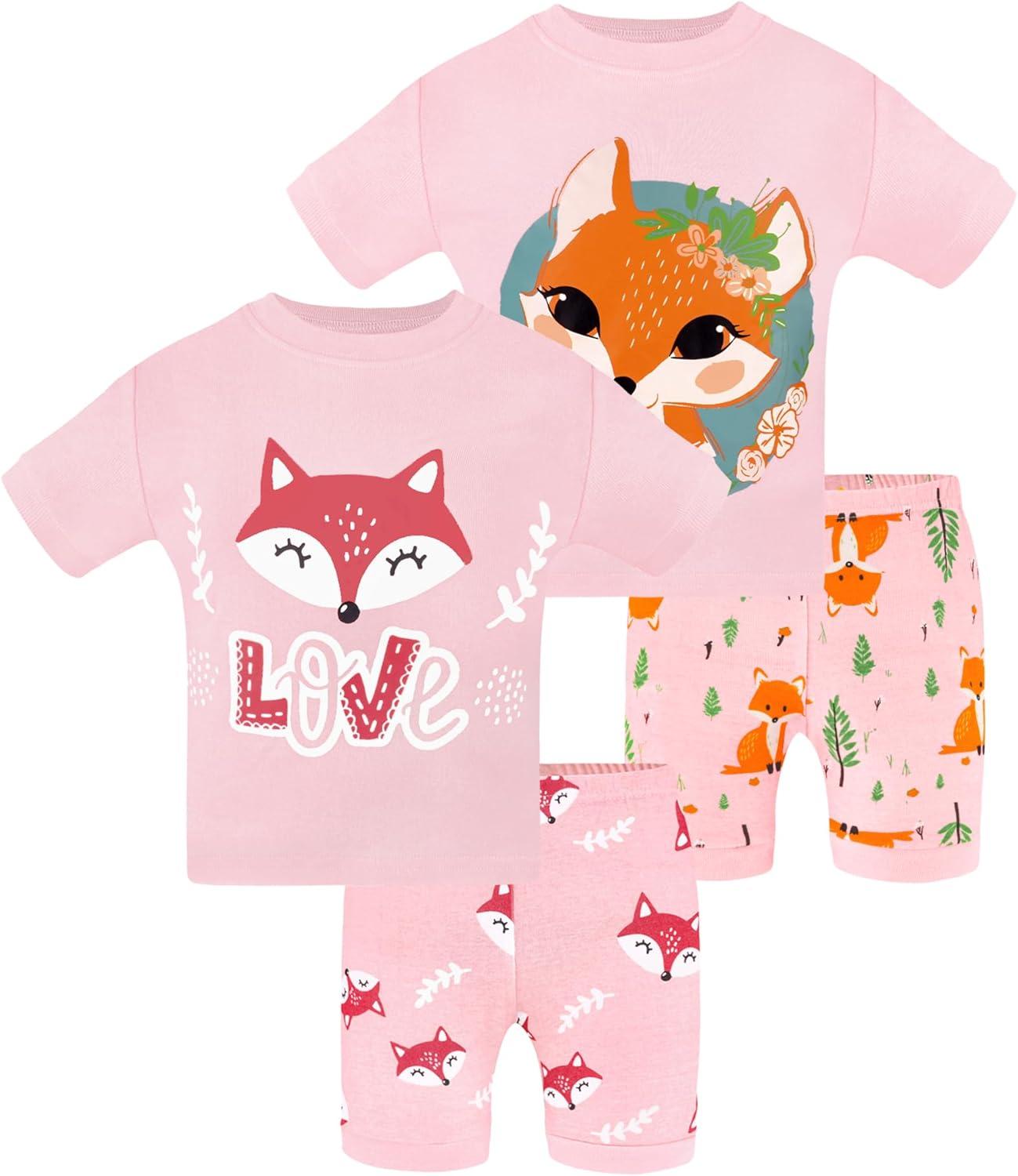 imageDAUGHTER QUEEN Girls Summer Pajamas Set 4 Pieces 100 Cotton Sleepwear Size 18 Months12 Years4pcspinkfoxsga24