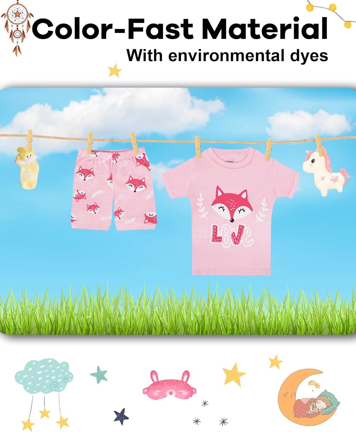 imageDAUGHTER QUEEN Girls Summer Pajamas Set 4 Pieces 100 Cotton Sleepwear Size 18 Months12 Years4pcspinkfoxsga24
