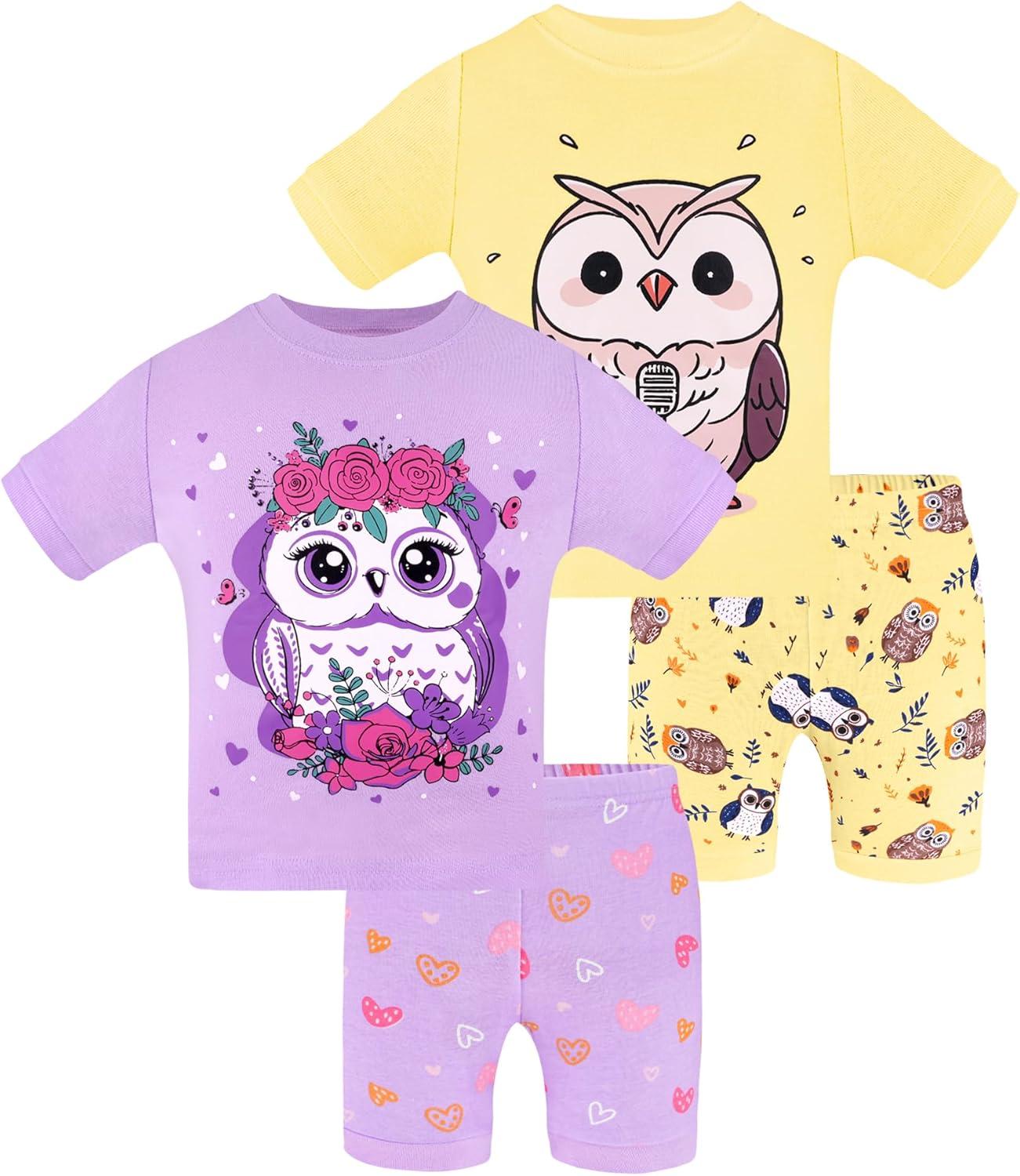 imageDAUGHTER QUEEN Girls Summer Pajamas Set 4 Pieces 100 Cotton Sleepwear Size 18 Months12 Years4pcspurpleYellowowlsga24