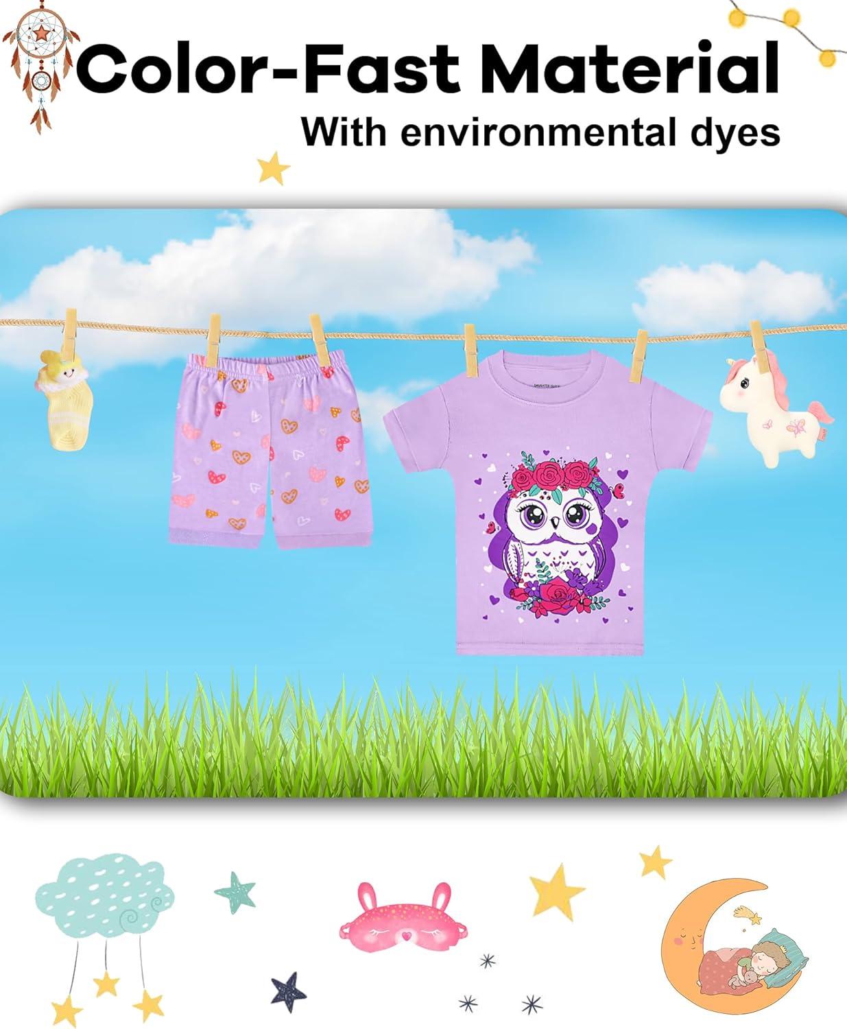 imageDAUGHTER QUEEN Girls Summer Pajamas Set 4 Pieces 100 Cotton Sleepwear Size 18 Months12 Years4pcspurpleYellowowlsga24