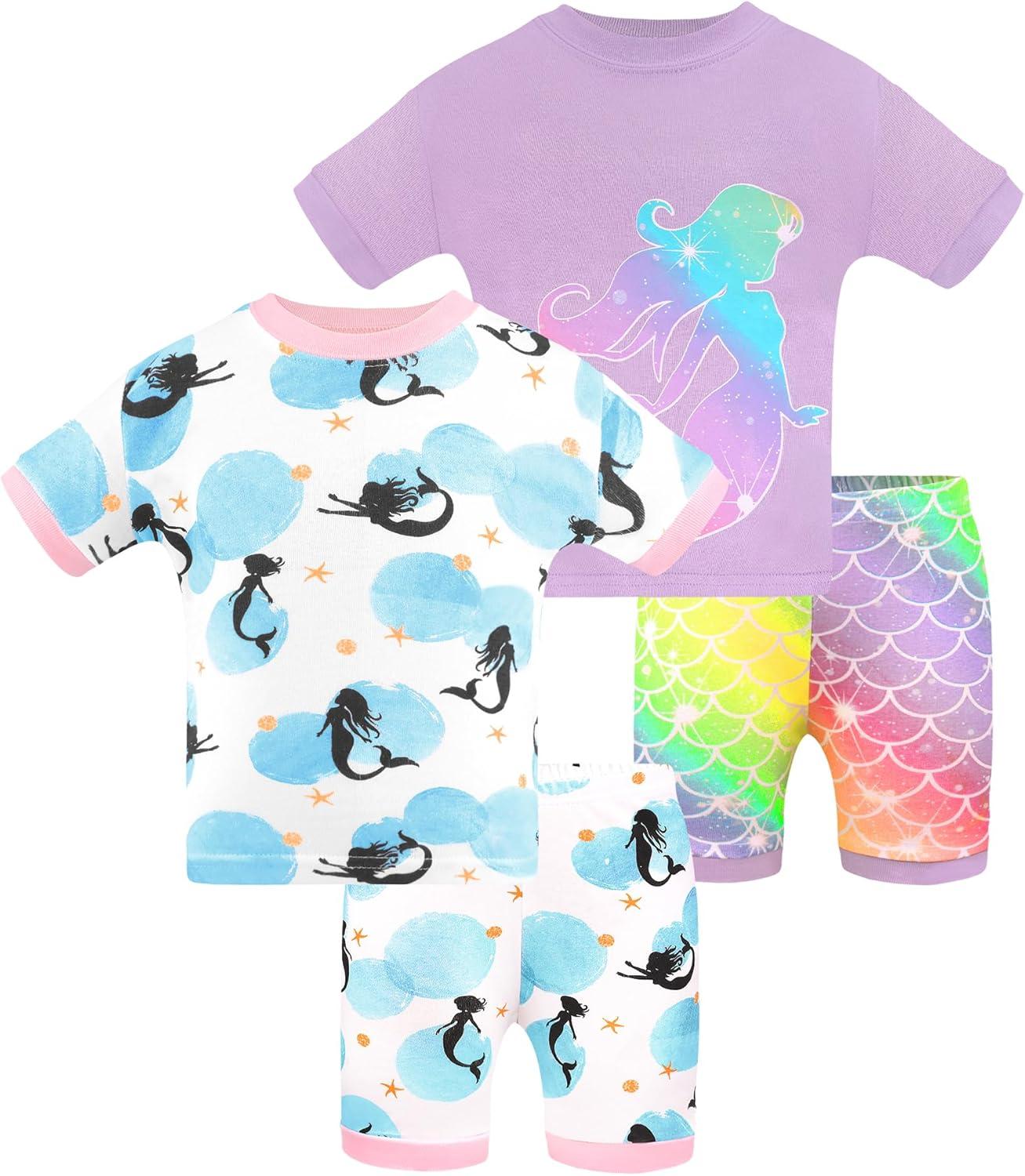 imageDAUGHTER QUEEN Girls Summer Pajamas Set 4 Pieces 100 Cotton Sleepwear Size 18 Months12 Years4pcspurplemermaidsga25