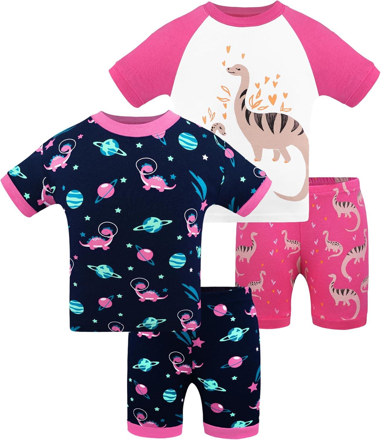 imageDAUGHTER QUEEN Girls Summer Pajamas Set 4 Pieces 100 Cotton Sleepwear Size 18 Months12 Years4pcsrosepinkNavydinosaursga25