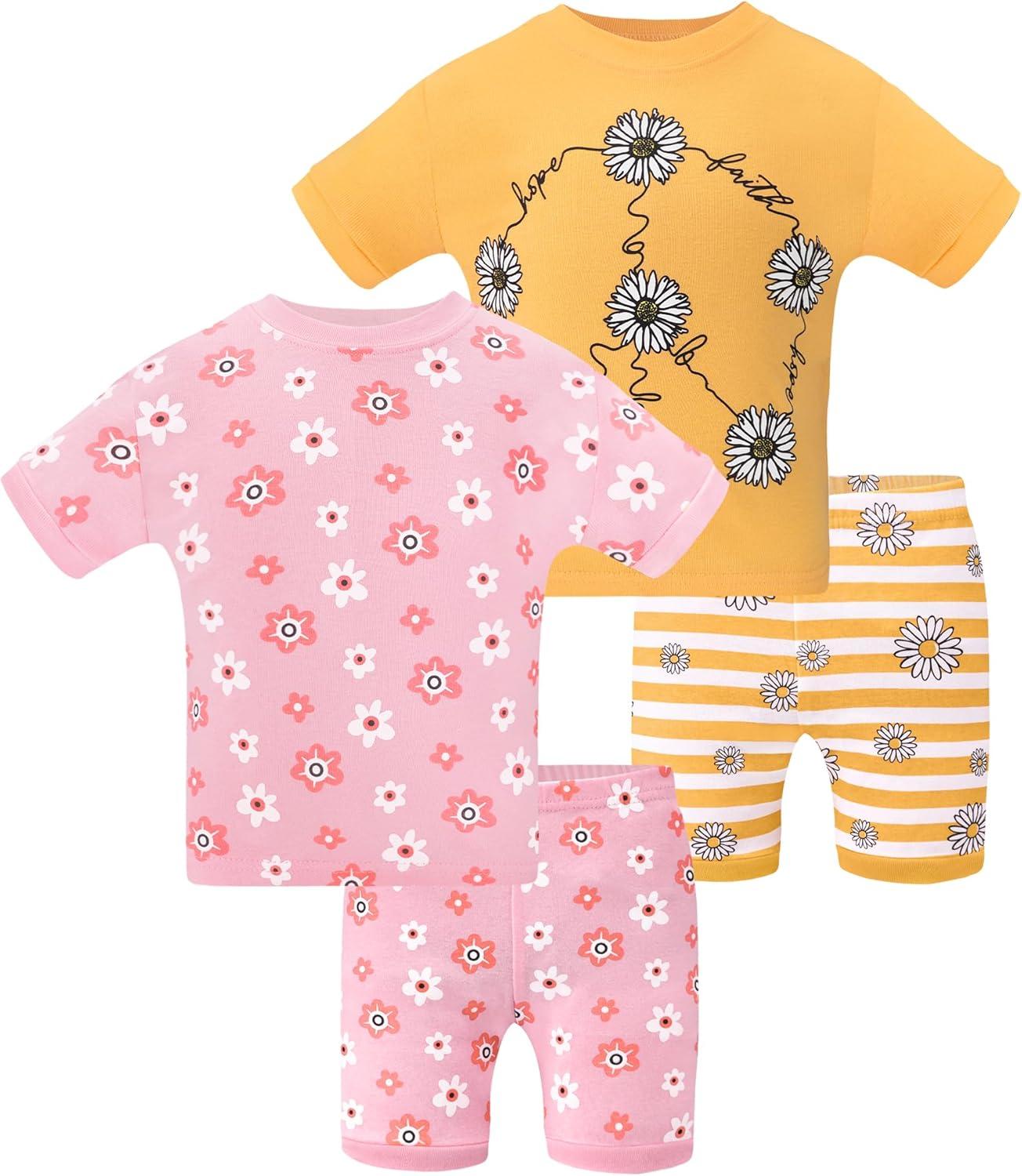 imageDAUGHTER QUEEN Girls Summer Pajamas Set 4 Pieces 100 Cotton Sleepwear Size 18 Months12 Years4pcsyellowPinkflowersga25