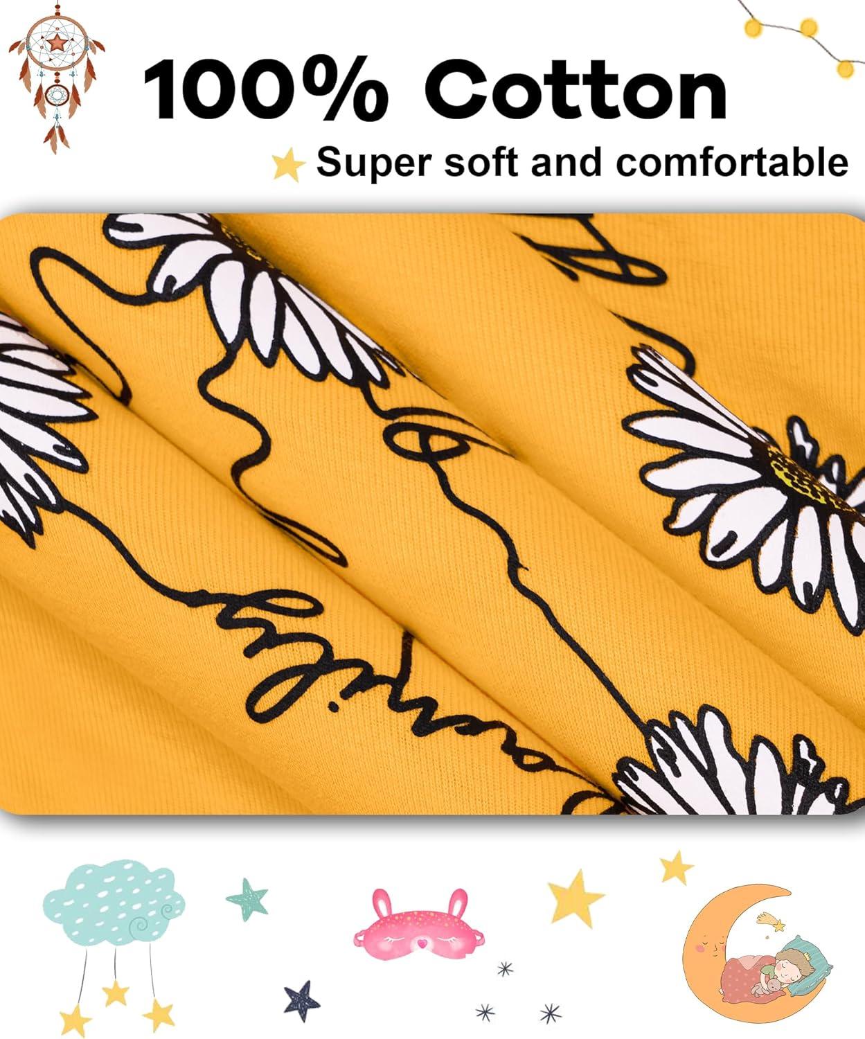 imageDAUGHTER QUEEN Girls Summer Pajamas Set 4 Pieces 100 Cotton Sleepwear Size 18 Months12 Years4pcsyellowPinkflowersga25