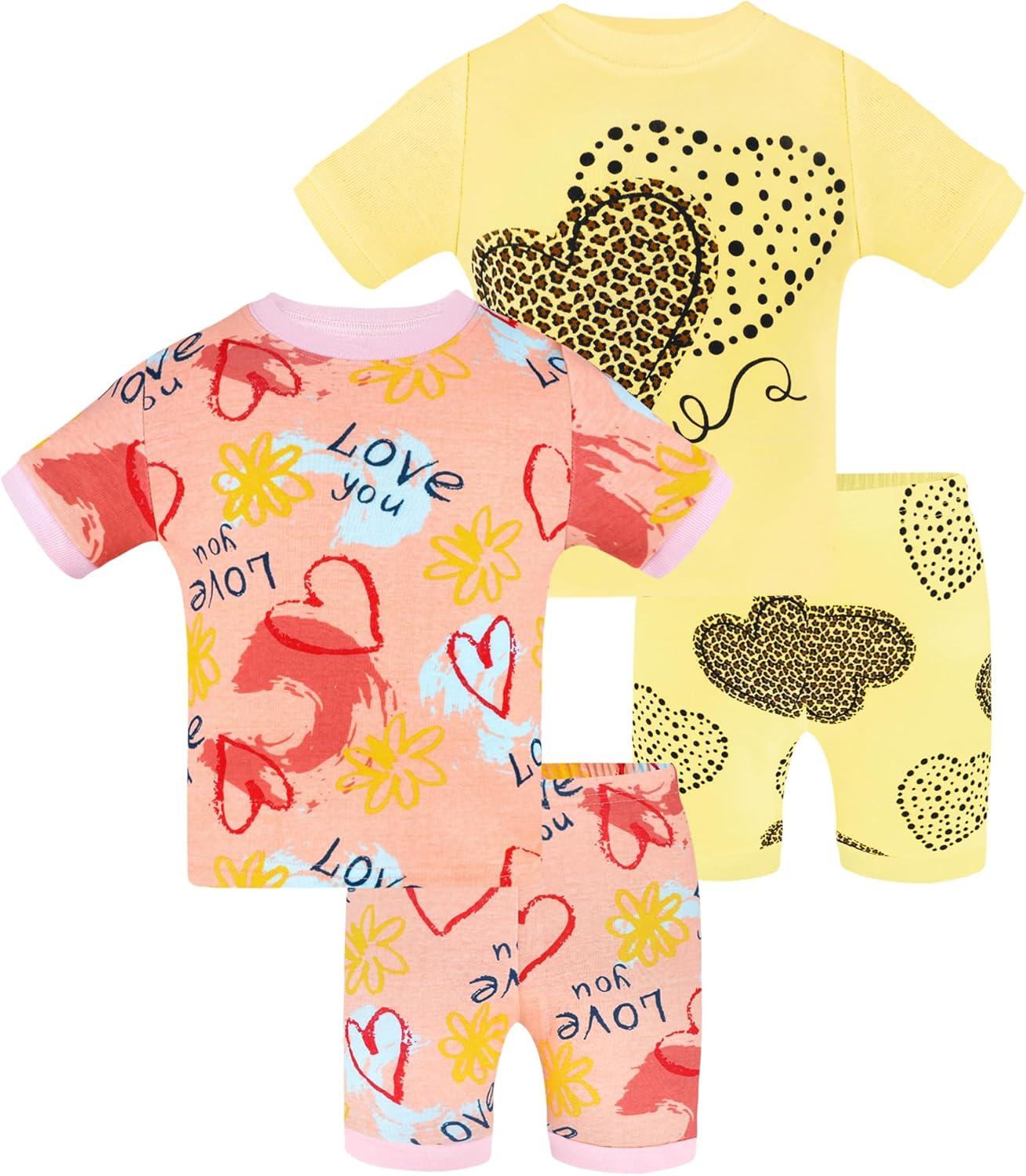 imageDAUGHTER QUEEN Girls Summer Pajamas Set 4 Pieces 100 Cotton Sleepwear Size 18 Months12 Years4pcsyellowPinkheartsga24