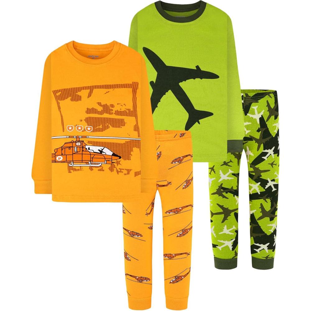 imageDAUGHTER QUEEN Boys 100 Cotton Long Sleeve Pajamas Size 18Months12Years4pcsgreenYellowairplaneHelicopterlba24