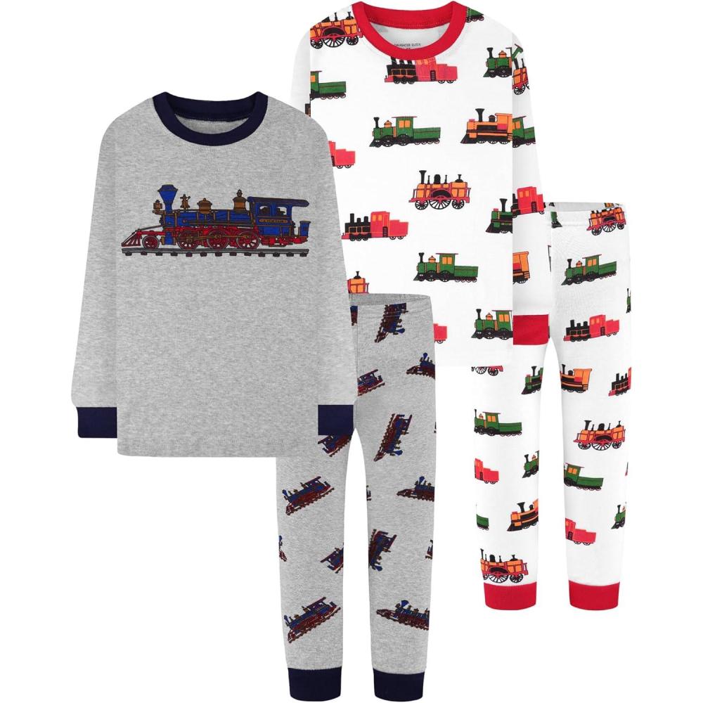 imageDAUGHTER QUEEN Boys 100 Cotton Long Sleeve Pajamas Size 18Months12Years4pcsgreyWhitetrainlba24