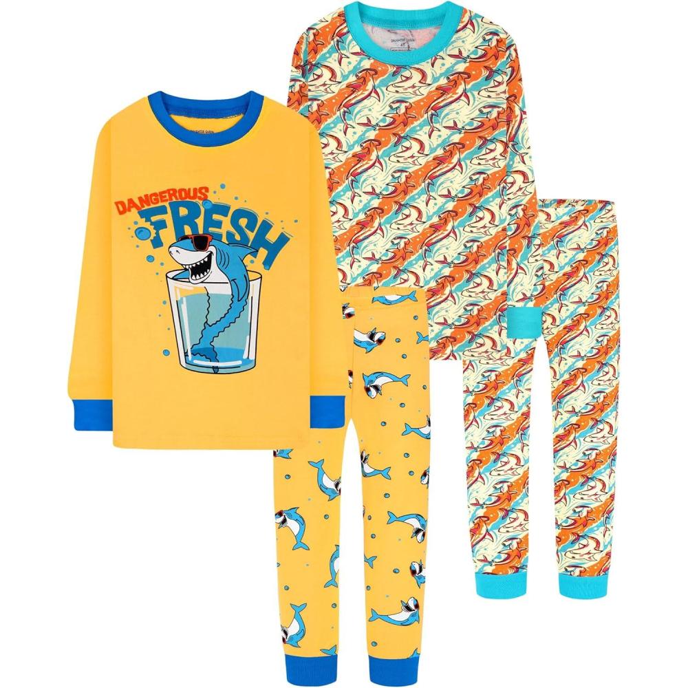 imageDAUGHTER QUEEN Boys 100 Cotton Long Sleeve Pajamas Size 18Months12Years4pcsyellowColorfulsharklba25