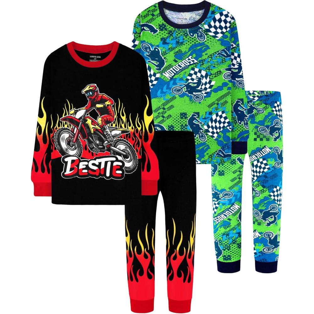 imageDAUGHTER QUEEN Boys Pajamas 4 Pieces Long Set 100 Cotton Sleepwear Size 18 Months12 Years4pcsblackGreendirt Bikelba25