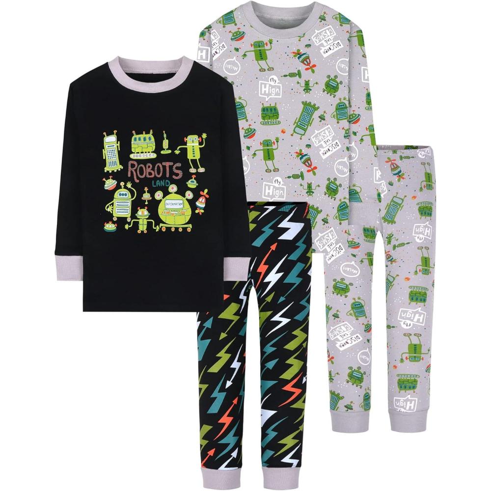 imageDAUGHTER QUEEN Boys Pajamas 4 Pieces Long Set 100 Cotton Sleepwear Size 18 Months12 Years4pcsblackGreyrobotlba22