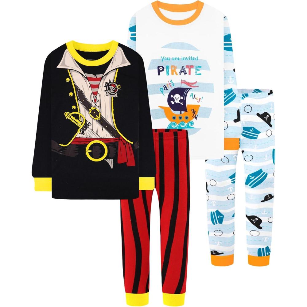 imageDAUGHTER QUEEN Boys Pajamas 4 Pieces Long Set 100 Cotton Sleepwear Size 18 Months12 Years4pcsblueBlackpiratelba24